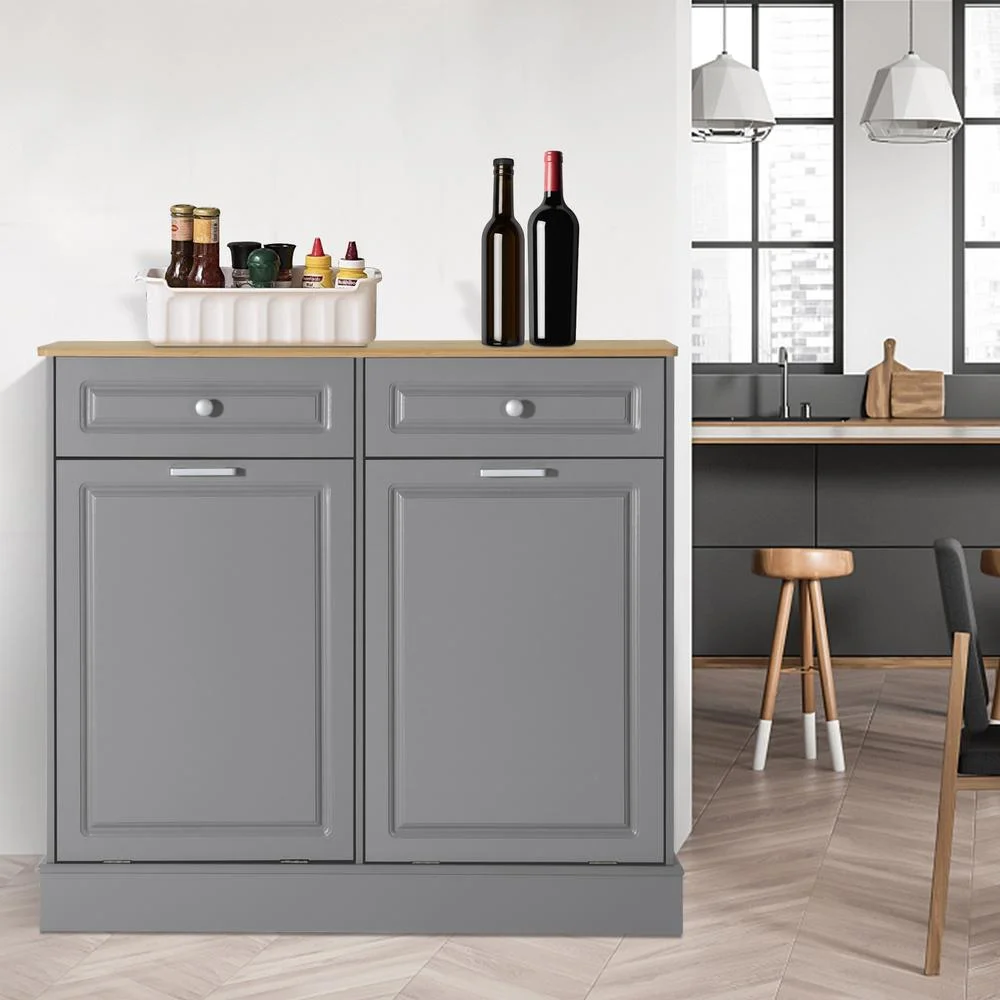 Eclife 20 Gallons Double Tilt Out Trash Cabinet Wood Tabletop, Upgrade Gray, WB010GY - Image 10