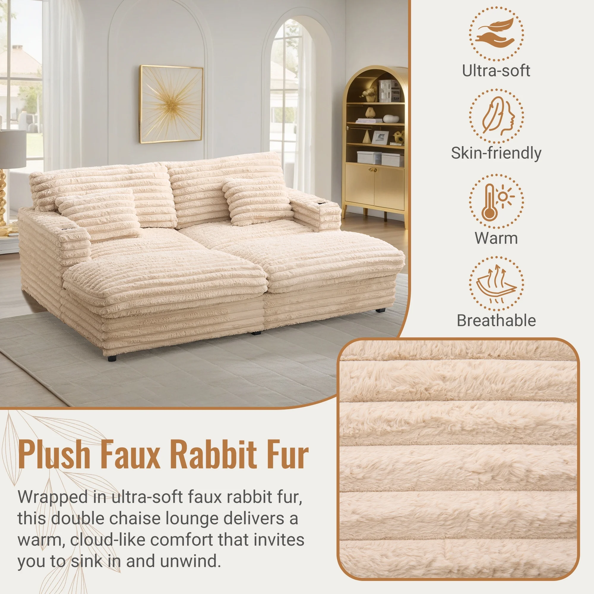 Oversized Double Chaise Lounge, Faux Fur Upholstered Deep Seat Sofa with 2 Pillows, 2 Cupholders, and Dual USB Ports - Image 32