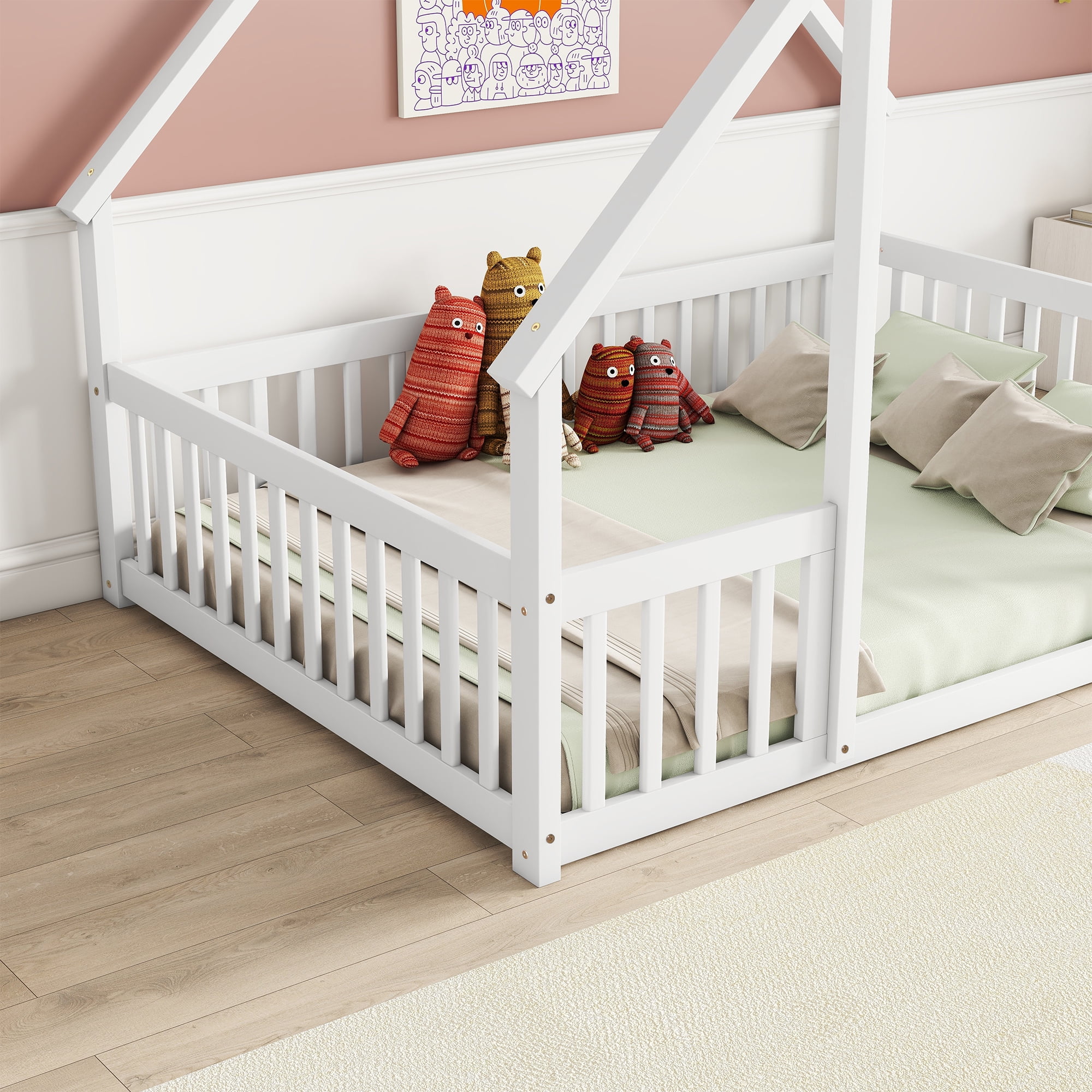 Bellemave Twin Size Floor Bed Frame, Wooden House Bed Twin Size with Fence, Montessori Bed with Guardrails for Bedroom (White) - Image 17
