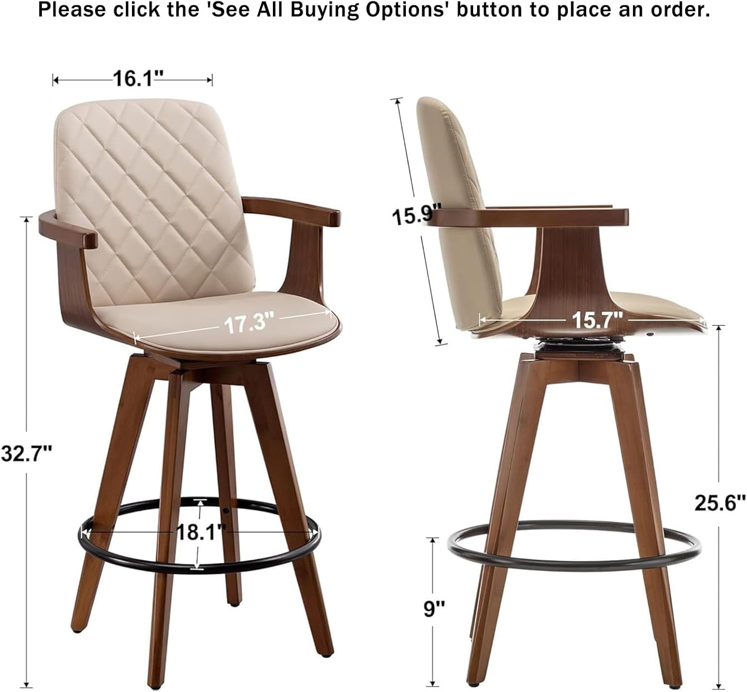 Counter Stools Set of 2, Upholstered Faux Leather Counter Height Bar Stools, Swivel Counter Chairs with Wooden Arms and Legs(Beige, 26