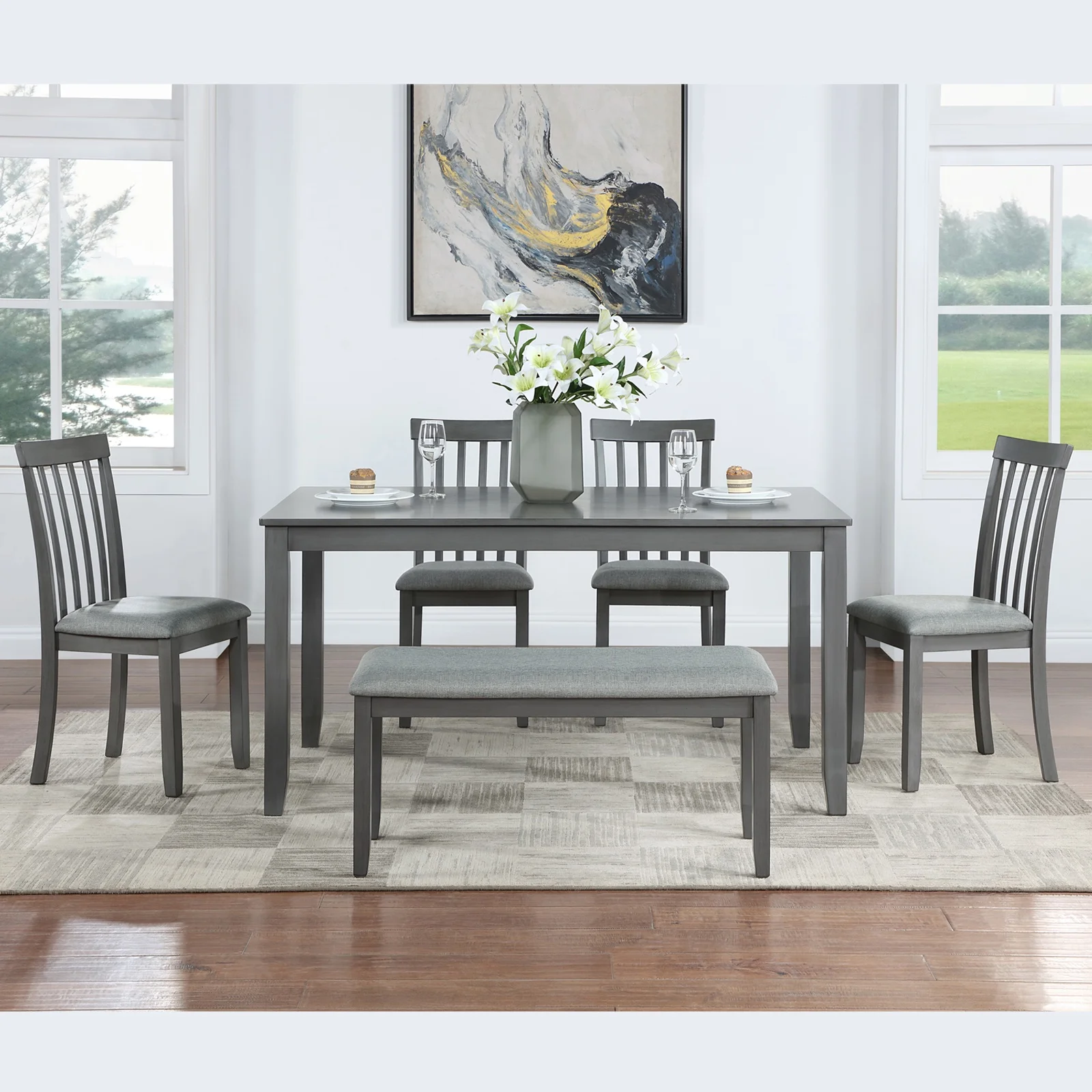 Dining Room Set, LEGAHOME 6 Piece Dining Sets with Bench and Chairs, Solid Wood Kitchen Dining Table Set for 6 with Upholstered Chairs, Gray - Image 21