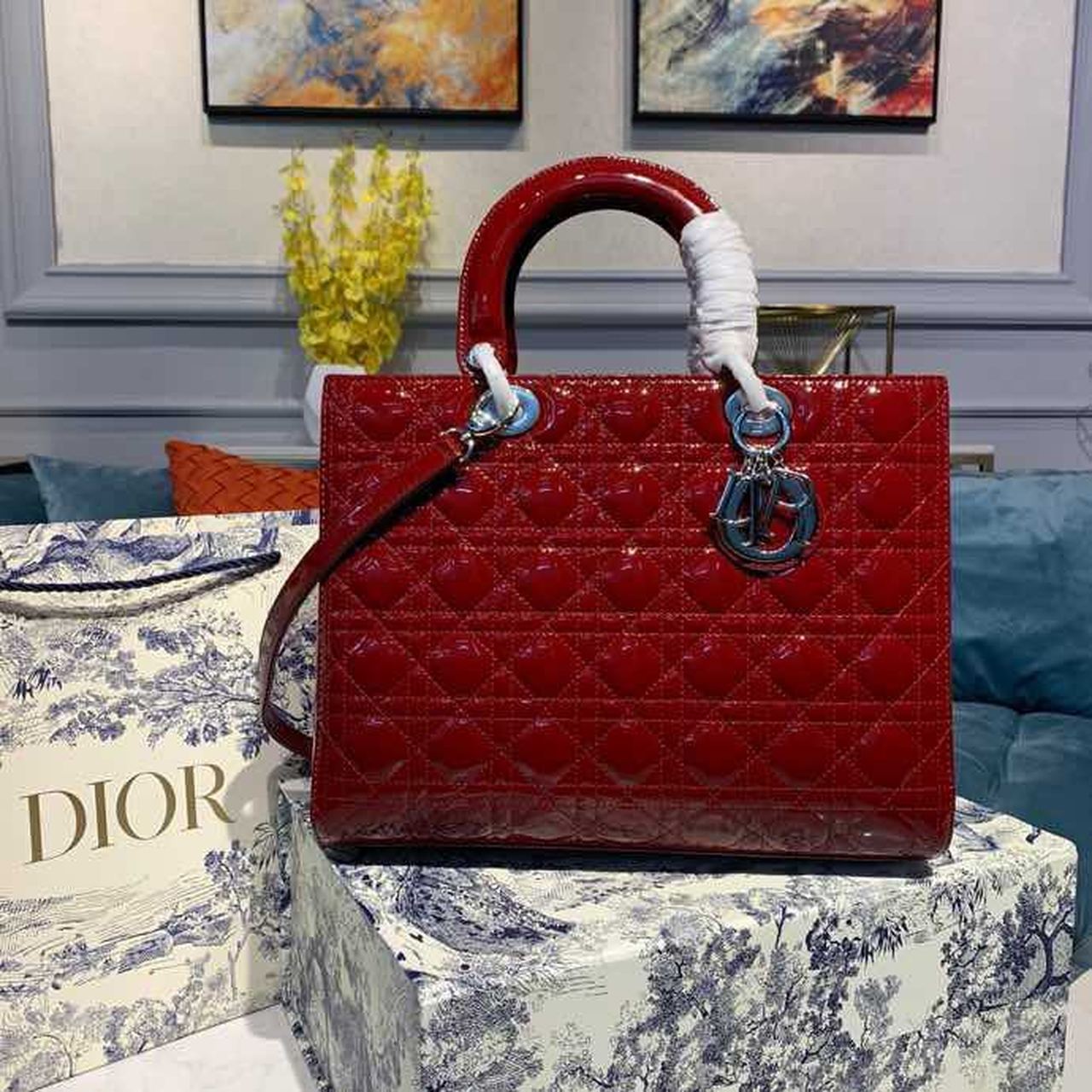 Christian Dior Large Lady Dior Bag Silver Hardware Cherry Red Patent For Women 12.5in/32cm CD1:1High-quality replica