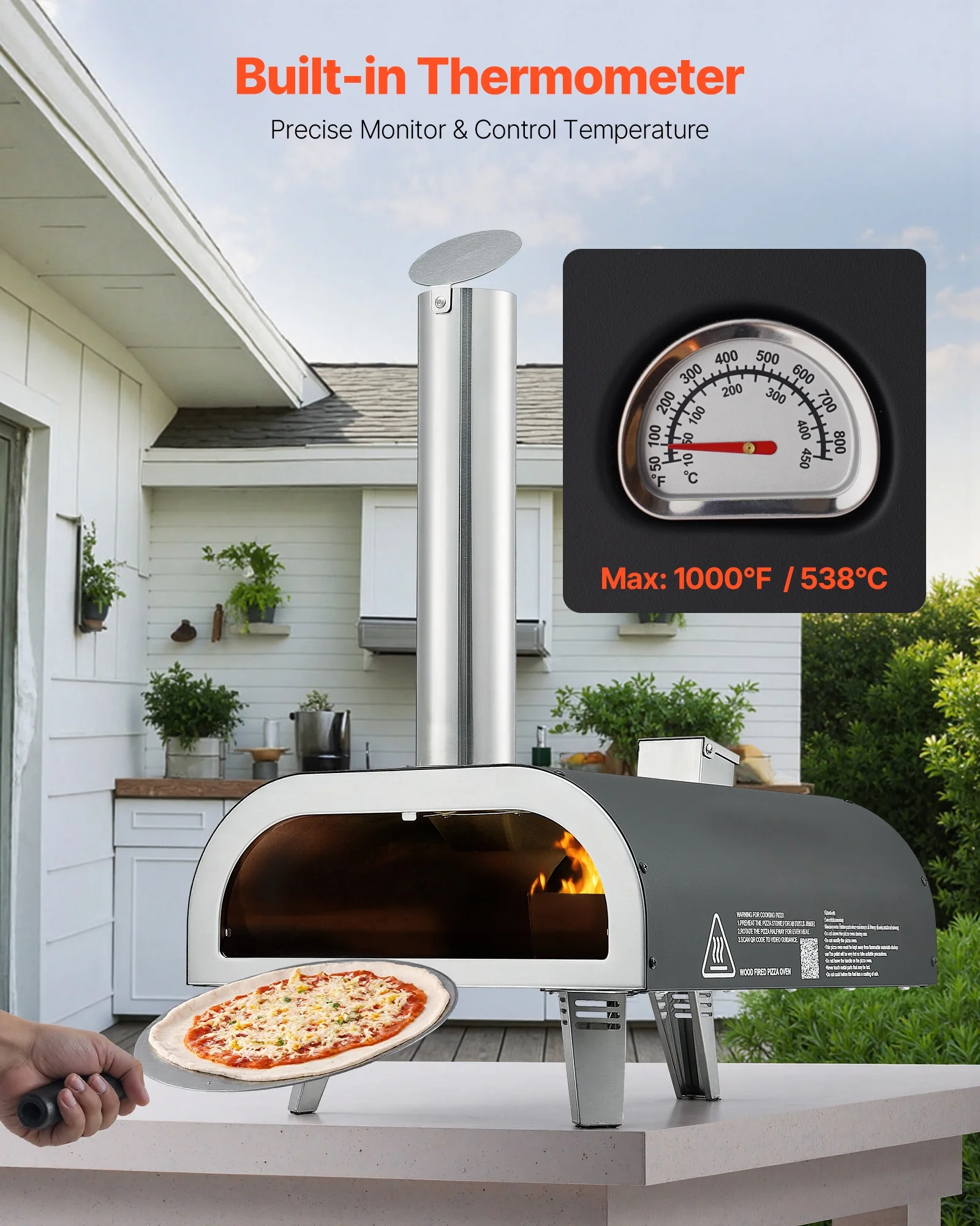 VEVOR Outdoor Pizza Oven, 12 Inch Wood Fired Pizza Ovens, Pellet Pizza-Stove with Thermometer, Portable Pizza-Maker for Outside Backyard Patio Camping, Pizza-Stone, Carry Bag, Shovel, Black - Image 4
