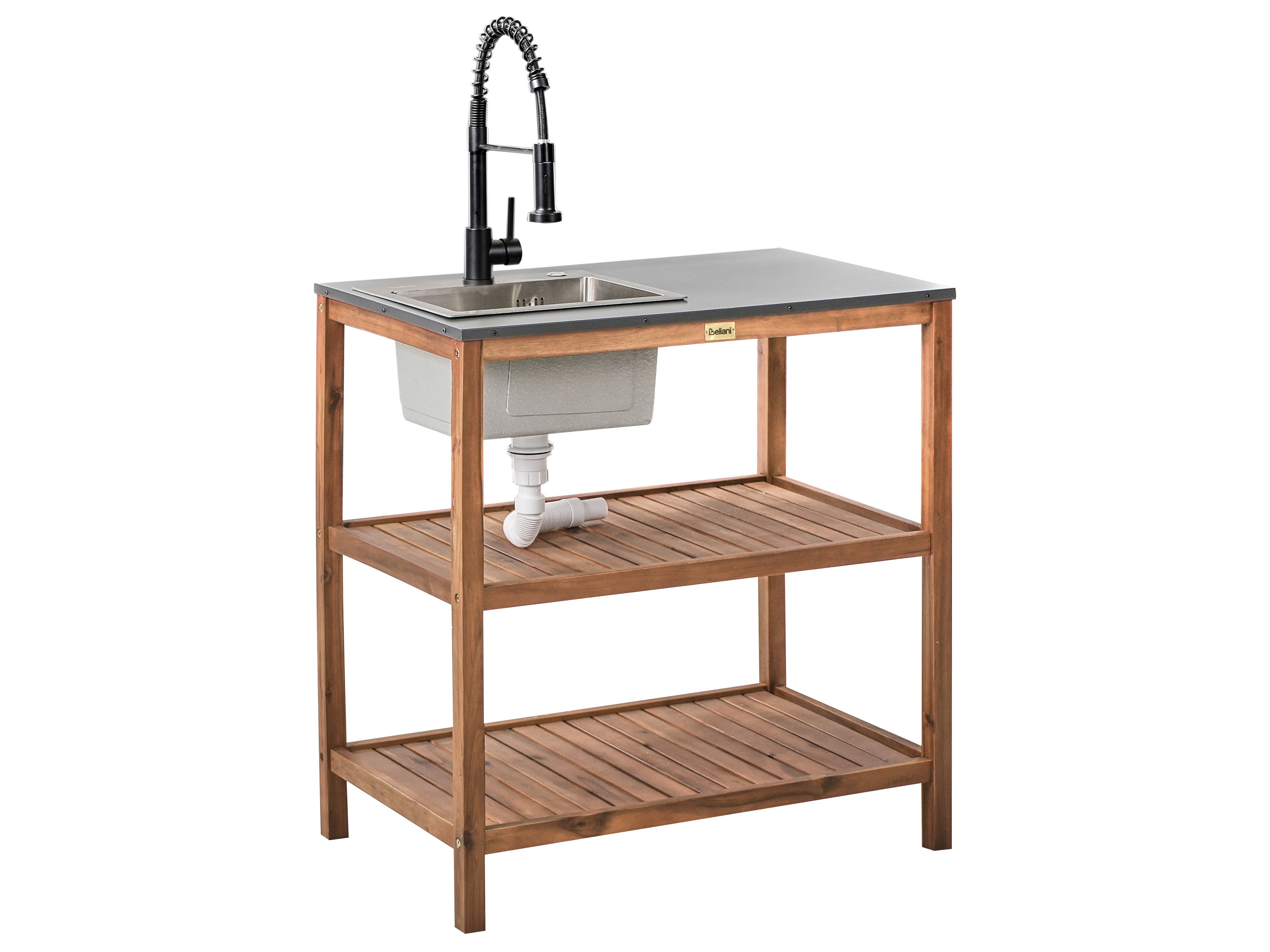 Outdoor Kitchen Island with Sink BRUCOLI Acacia Wood Brown/ Black