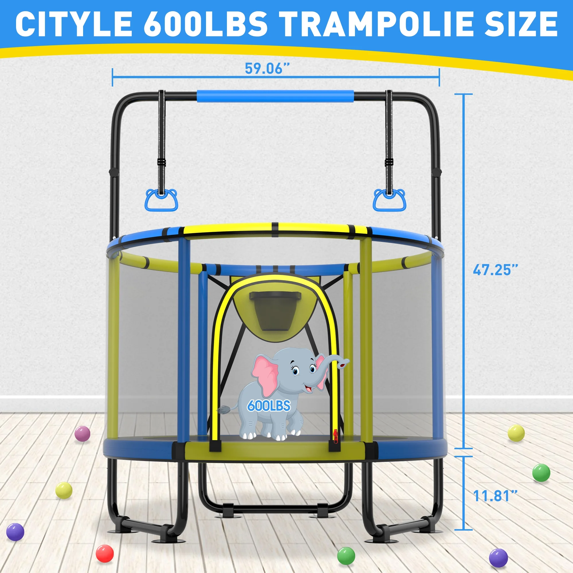 CITYLE Trampoline for Kids 600LBS 60'' 5FT Toddler Trampoline Indoor Outdoor with Basketball Hoop, Swing, Adjustable Bar, Mini Small Trampoline with Enclosure, Gifts for Toddlers, Boys & Girls - Image 38