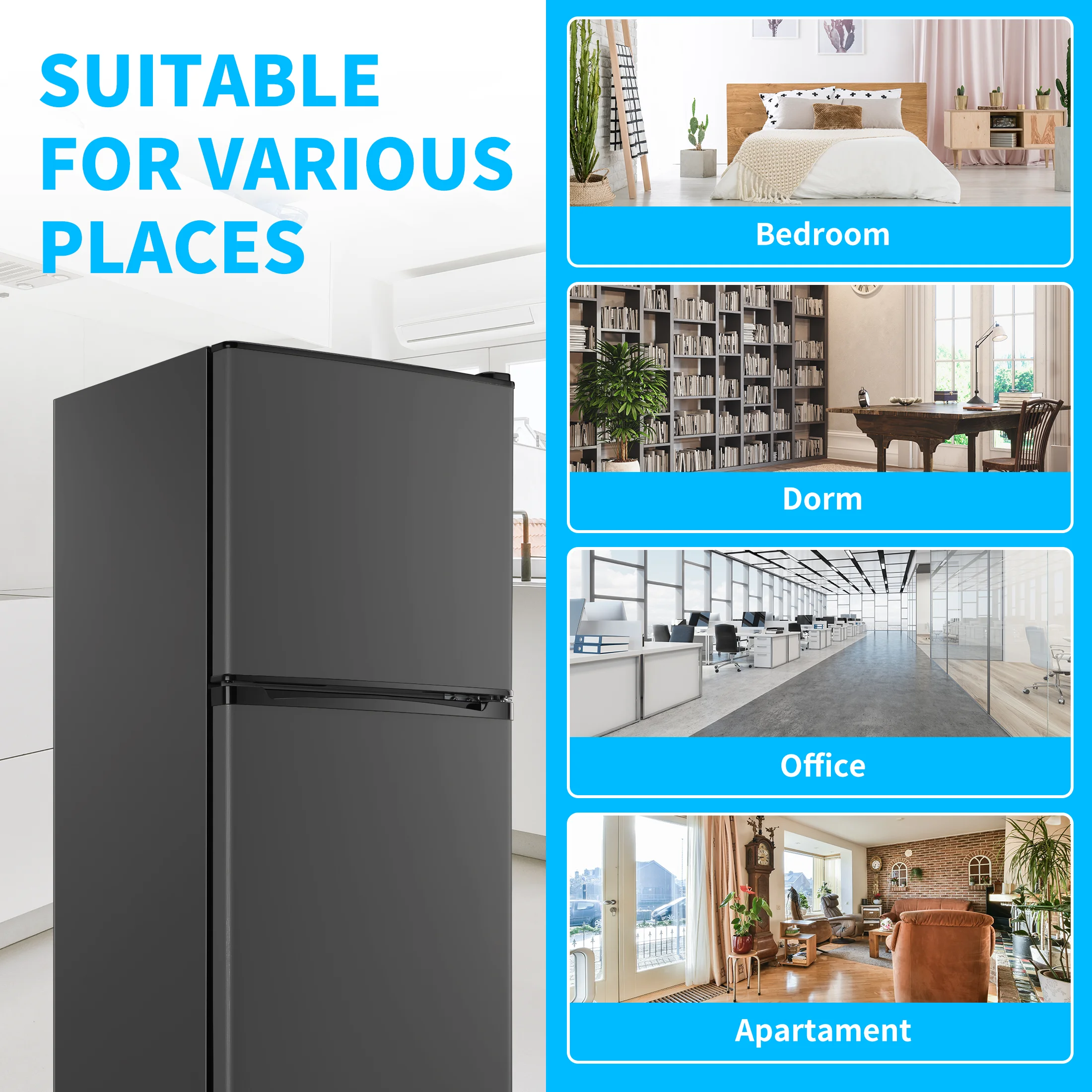 4.5 Cu.ft Compact Refrigerator 2 Door with Freezer,7 Adjustable Thermostat & 4 Removable Glass Shelves,Large Size Refrigerator for Garage/Bedroom/Kitchen/Apartment and Office,Grey