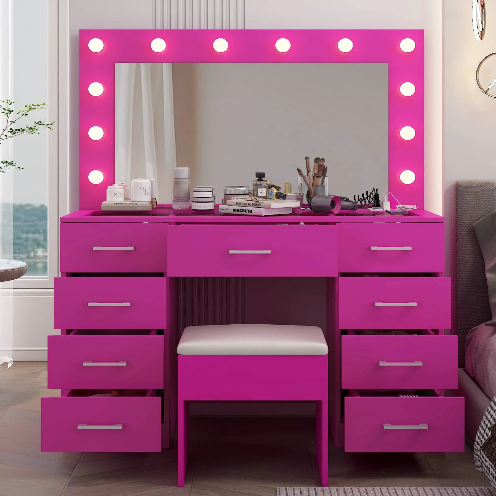 Ktaxon Large Makeup Vanity, Vanity Table Set w/ Visible Glass Top w/ Charging Station, White - Image 21