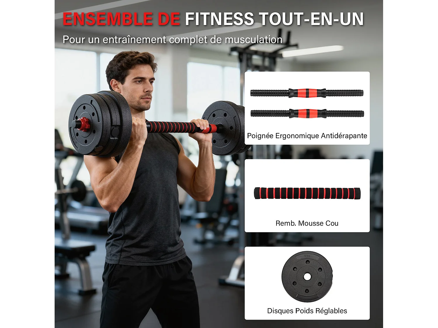 Ensemble d'haltères réglables 6 en 1 de 15 kg, comprenant des kettlebells, des haltères, des barres et des supports pour pompes