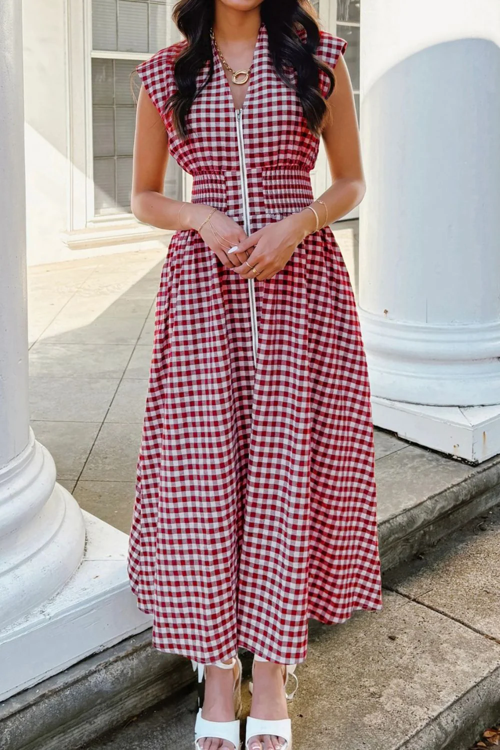 Gingham Zip-Front Midi Dress - ZKZOOK