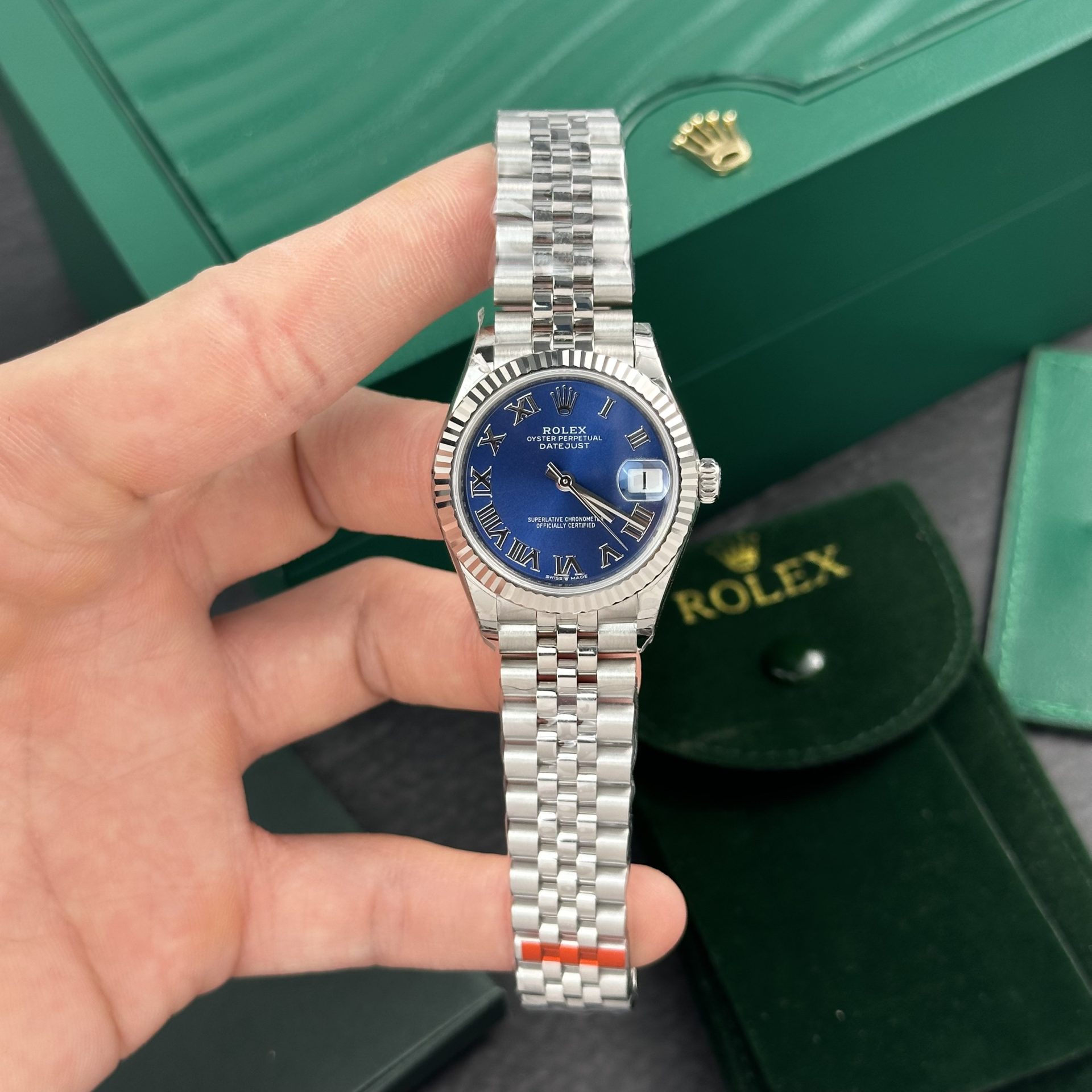 Rolex Fake Watch DateJust Roman Numeral Pile Blue Dial EW Factory 31mm - Elite Watch Atelier