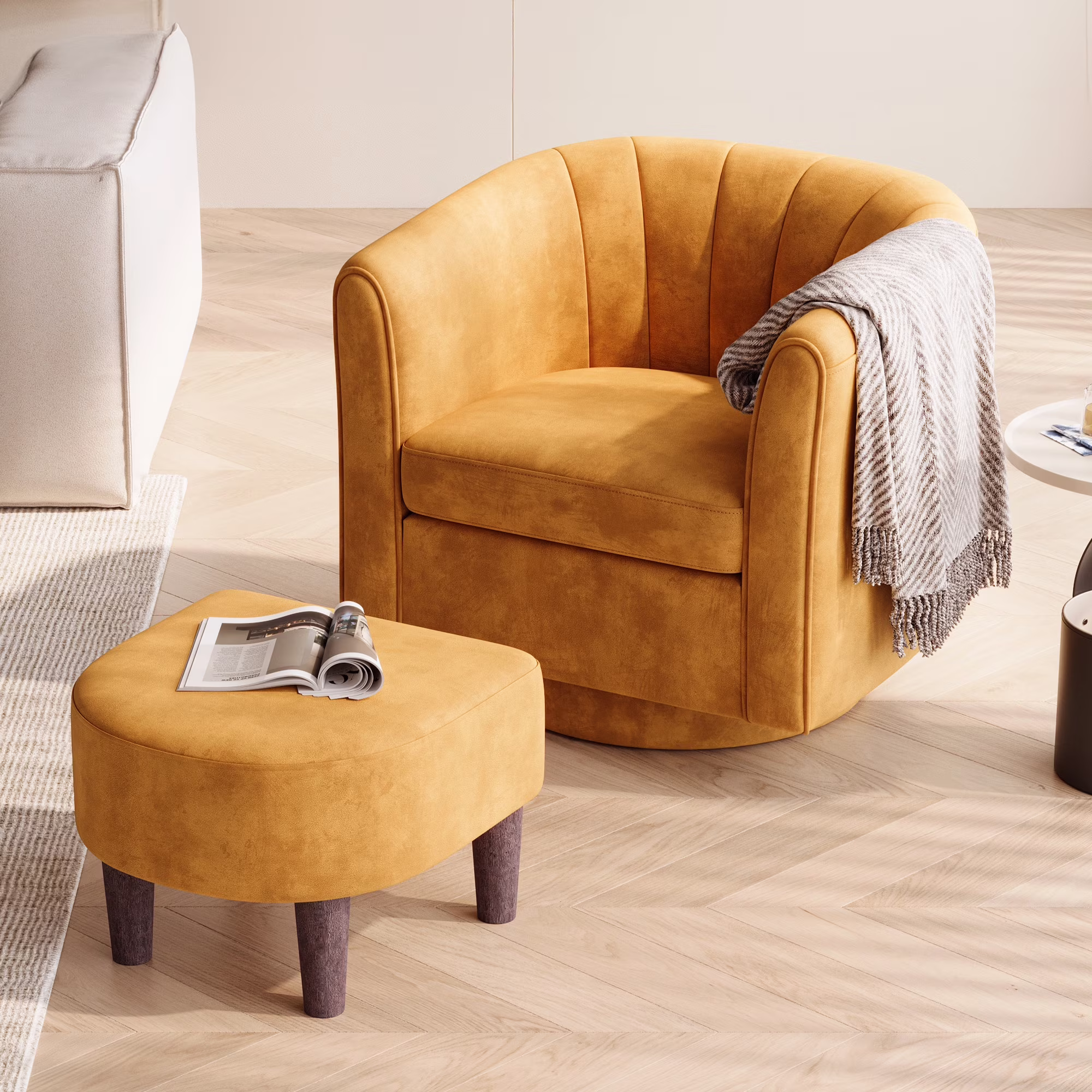 LINSY HOME Swivel Accent Chair with Ottoman, Velvet Barrel Chair for Living Room, Blue - Image 3