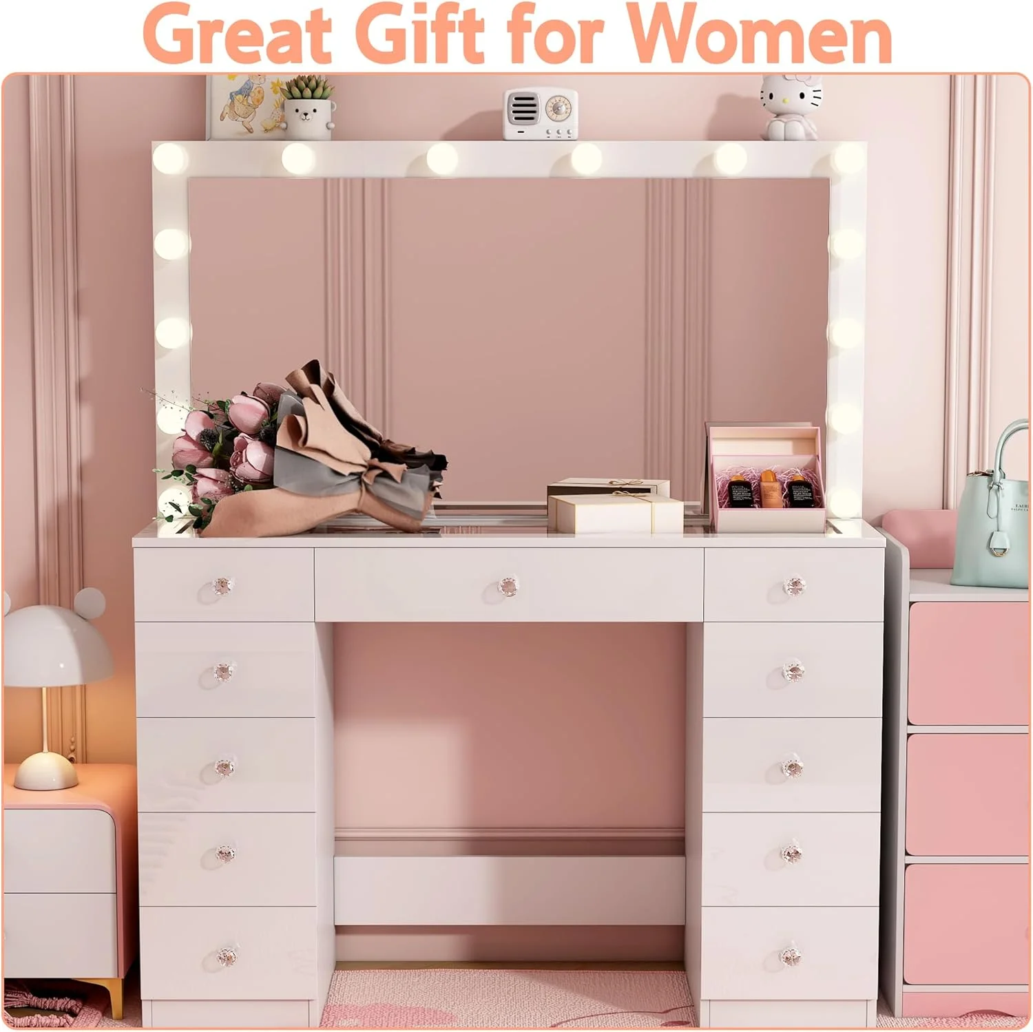 Vanity Desk with Power Outlet, Makeup Vanity with Mirror and 14 LED Light, 3 Lighting Modes,11 Drawer Vanity Table with Sliding Jewelry Storage, Glass Top, Specular Surface - Image 7