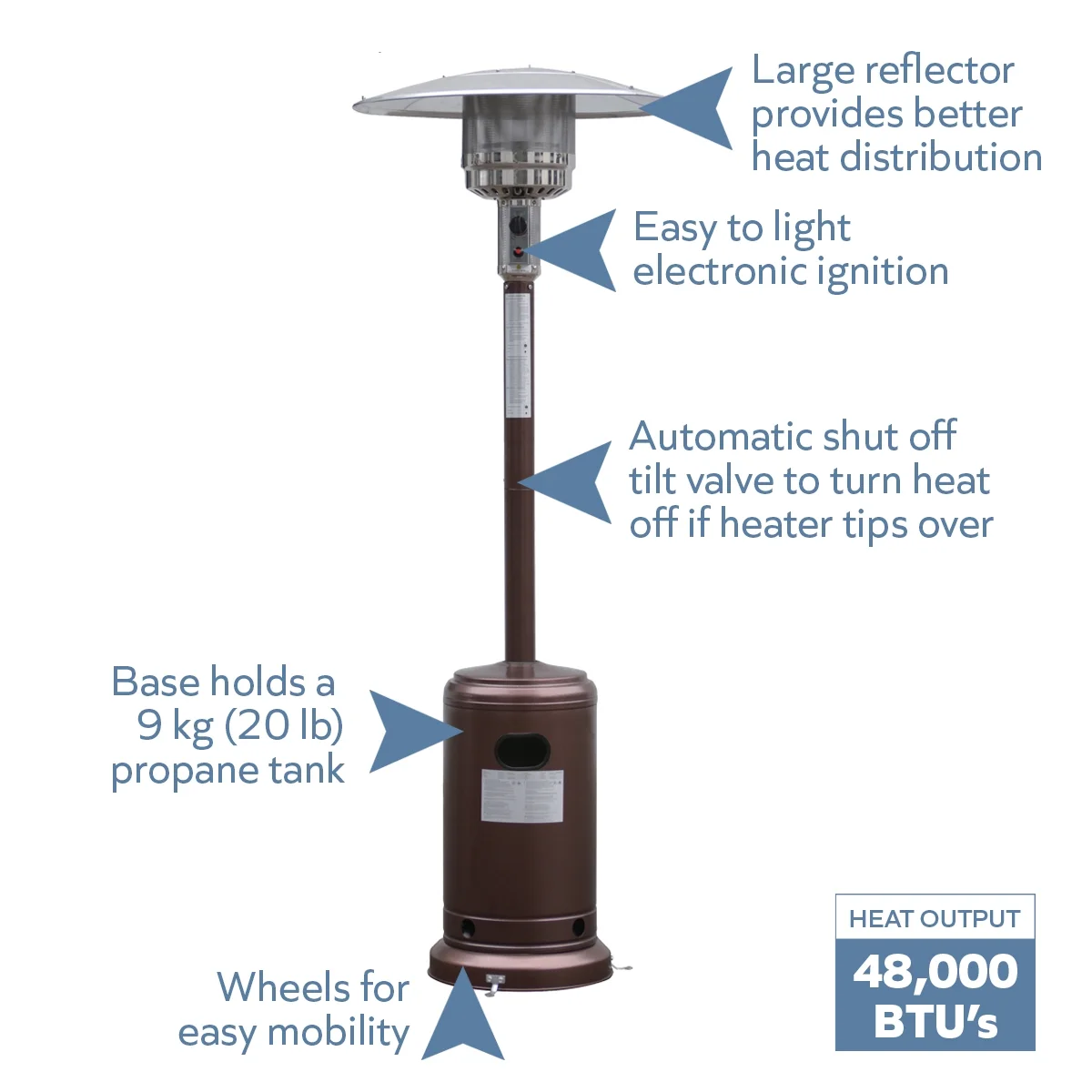 Blue Sky Outdoor Living 48,000 BTU Floor Standing Propane Outdoor Patio Heater, Bronze Hammered