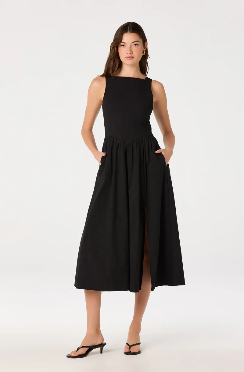 Bow Back Apron Midi Dress - Black
