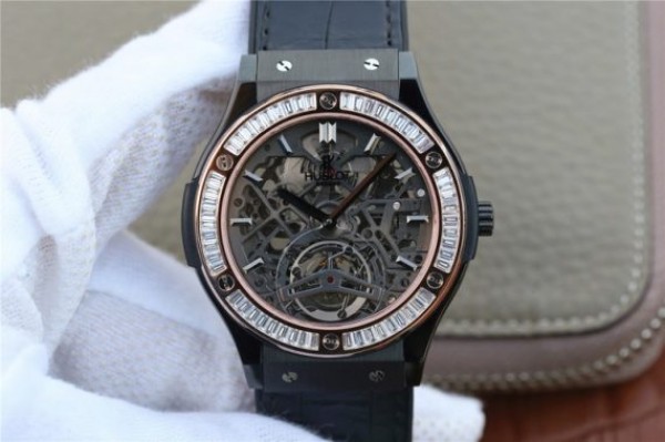 Replica Hublot Classic Fusion Tourbillon 42mm TF PVD Diamonds Bezel Skeleton Dial Gummy Strap A23J - Top club