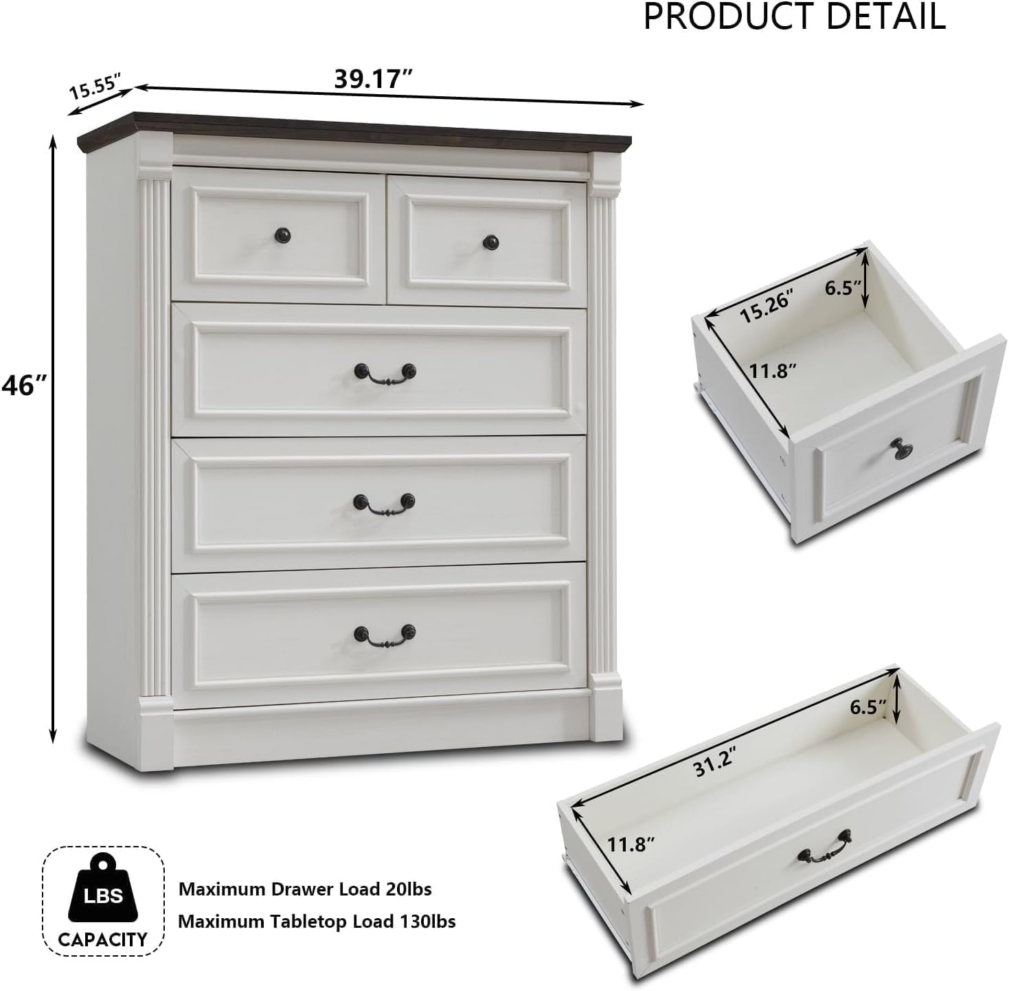 Farmhouse 5 Drawers Dresser for Bedroom, 46