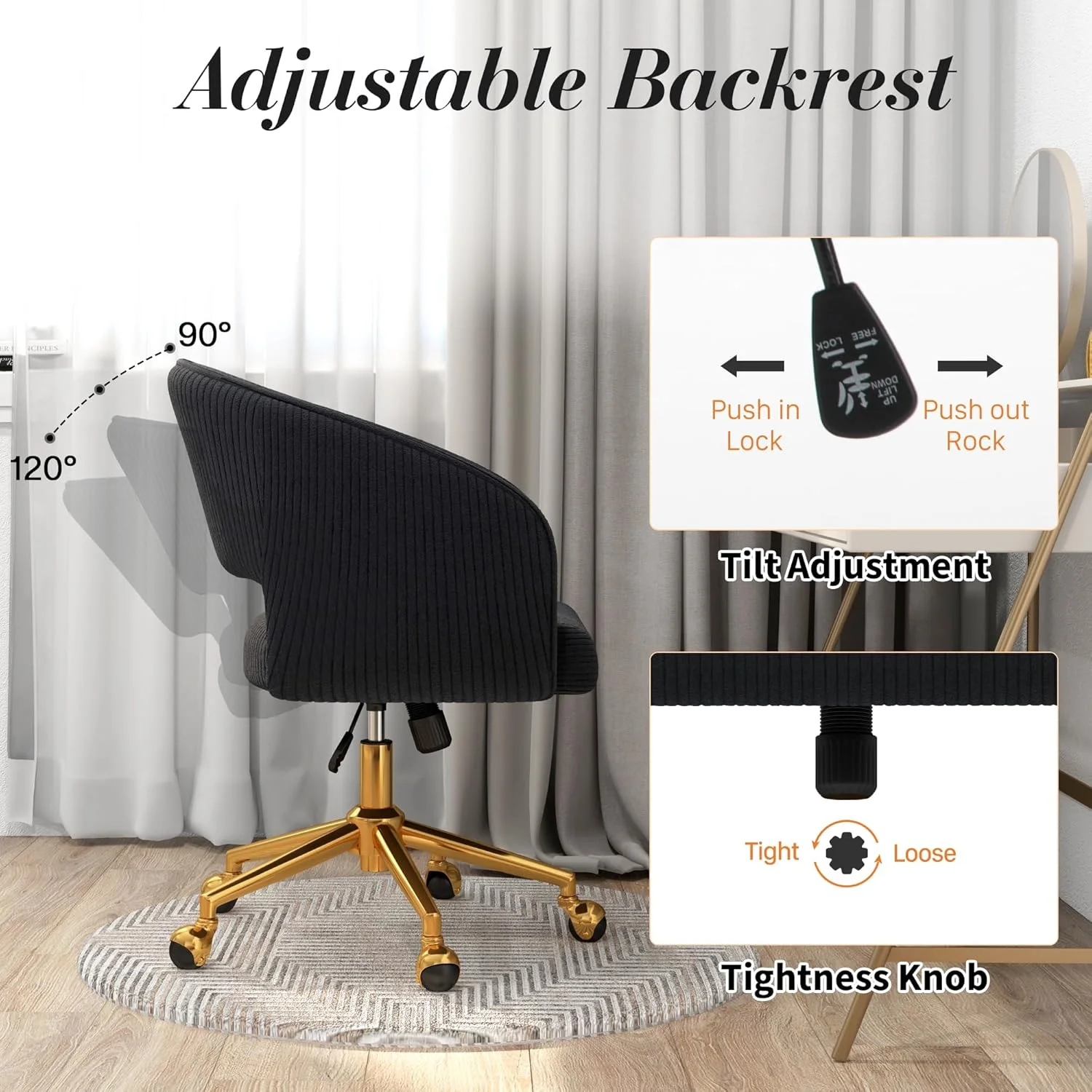 Home Office Swivel Desk Chair, Modern Velvet Vanity Chair, Height Adjustable Armchair with Gold Base, Ergonomic Office Chair for Task Study Computer Room, Beige - Image 42