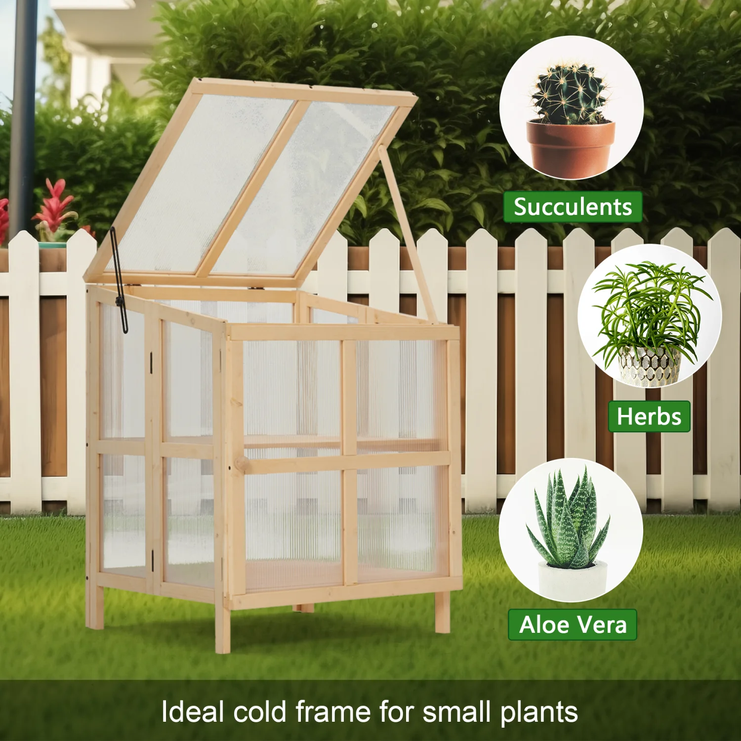 Youmumeub Wooden Cold Frame Greenhouse, 2-Tier Raised Garden Planter with Polycarbonate Panels for Season Extension, Foldable, Natural Wood - Image 3