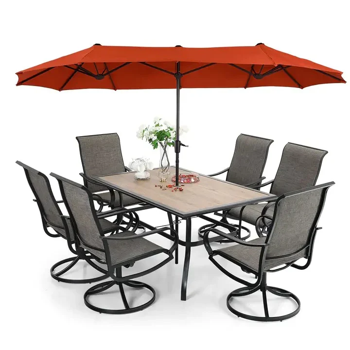 Patio Dining Set With Umbrella And 6 Sling Dining Swivel Chairs, 8-Piece - 60 x 37.4 x 28 Inches