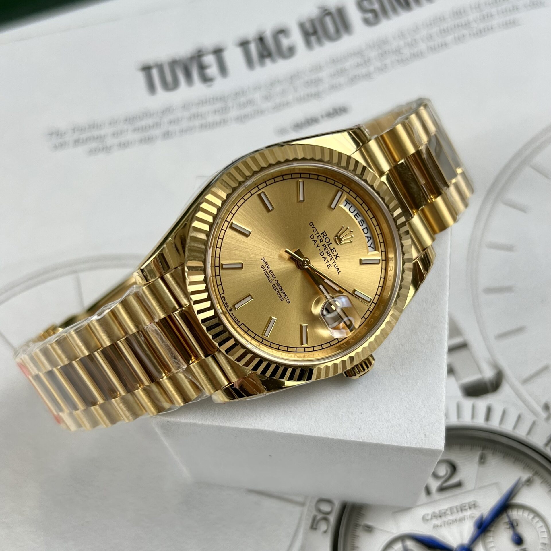 Rolex Replica 1:1 Watch Day-Date Gold Plated Fluted Bezel EW Factory 40mm - Elite Watch Atelier