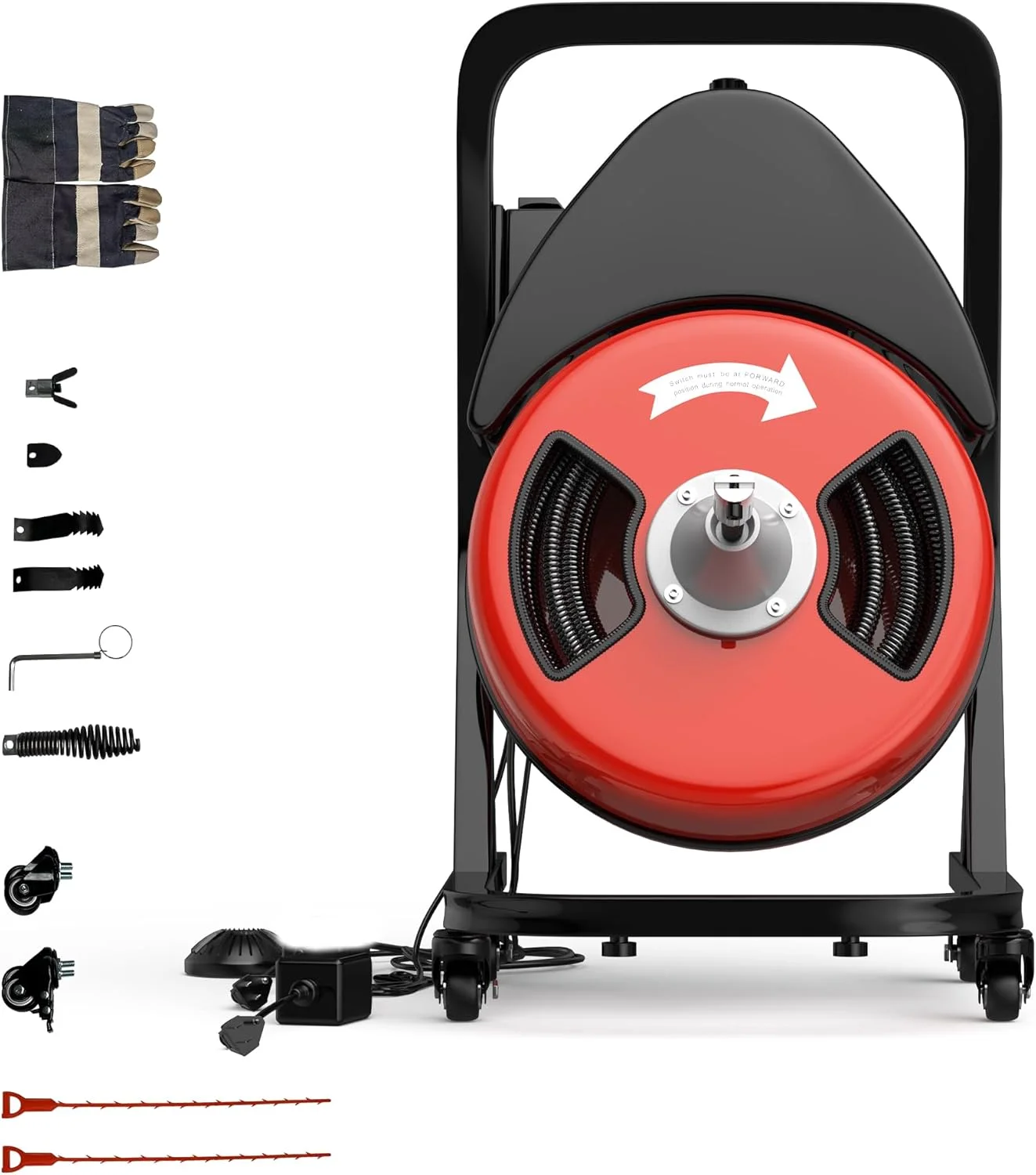 Drain Cleaner Machine 50FTx1/2 Inch,Auto Sewer Snake Auger on Wheels,Portable Drain Cleaning Machine with 4 Cutter & Foot Switch for 2
