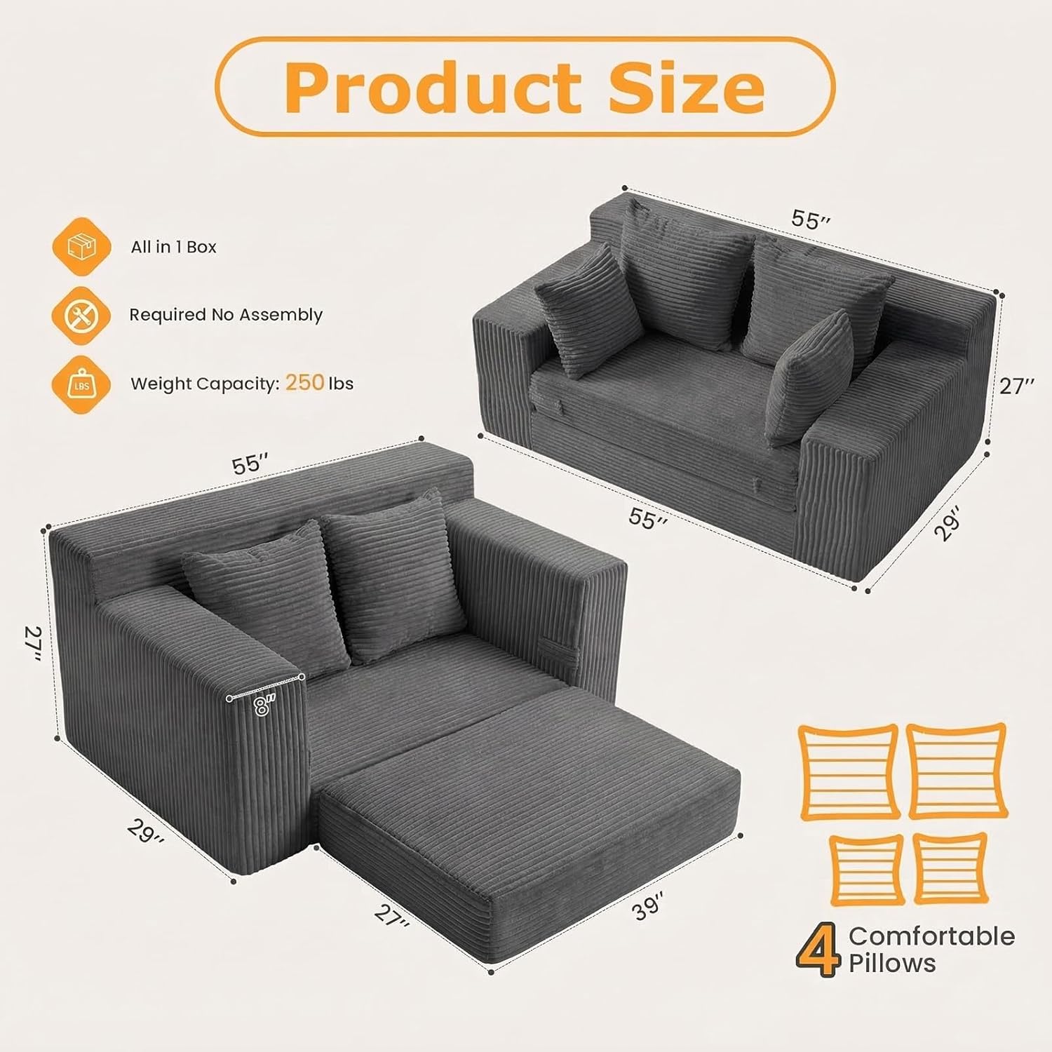 Winzon Boneless Loveseat, 3 in 1 Convertible Sofa Bed Sleeper Sofa Floor Futon Bed with 4 Pillows, 55