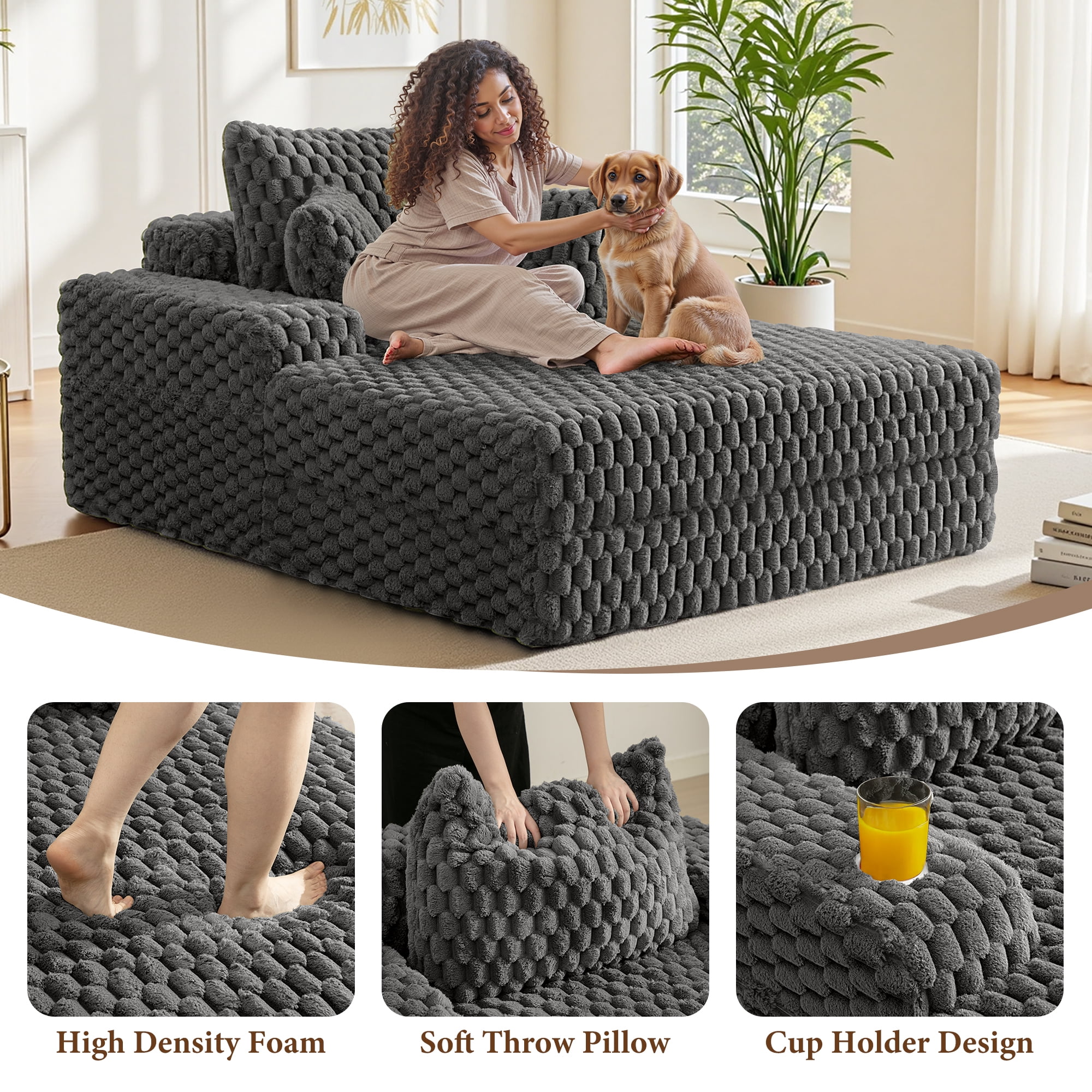 ATHOPE 53"W Oversized Chaise Lounge Chair Indoor, Corduroy Couch Chair with Pillows, Comfy Reading Chairs with Wide Arms, Upholstered Sleeper Sofa for Living Room, No Assembly Required, Gray - Image 45