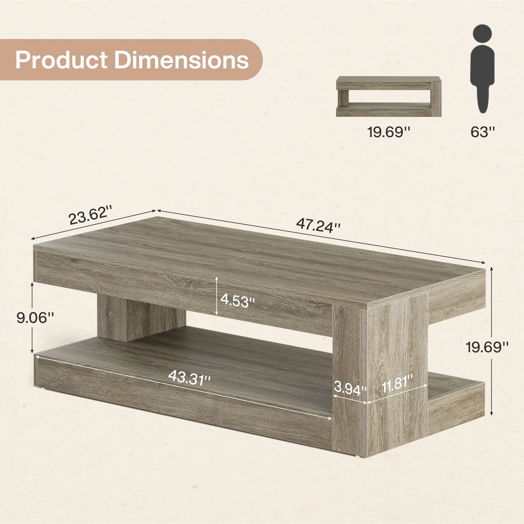 Tribesigns Coffee Table for Living Room, 47.24-Inch Farmhouse 2-Tier Accent Center Tea Cocktail Table with Storage, Elegant Grey, Rectangular