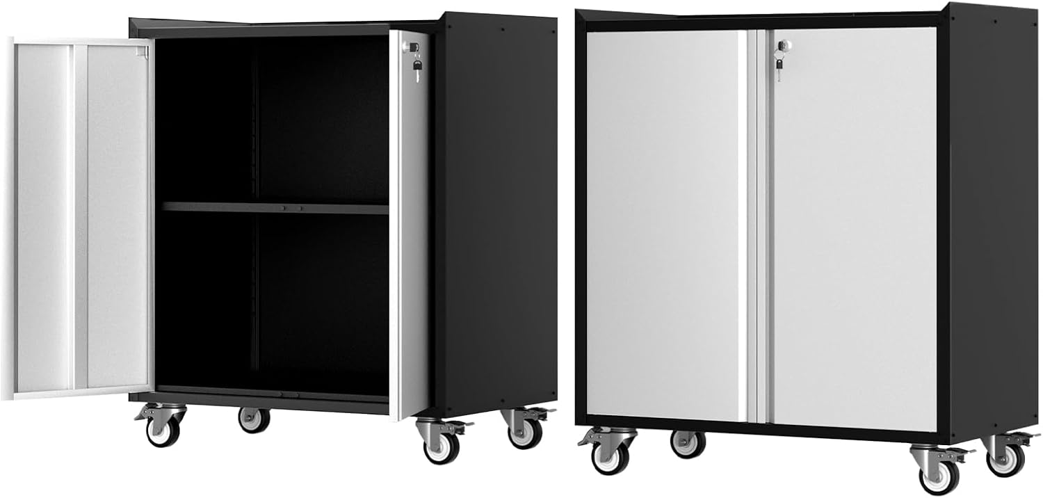 GarveeHome Heavy Duty Garage Storage Cabinet with Wheels, Rolling Tool Cabinet with Adjustable Shelf & Lockable Doors, Rust Resistant for Home Office Workshop,