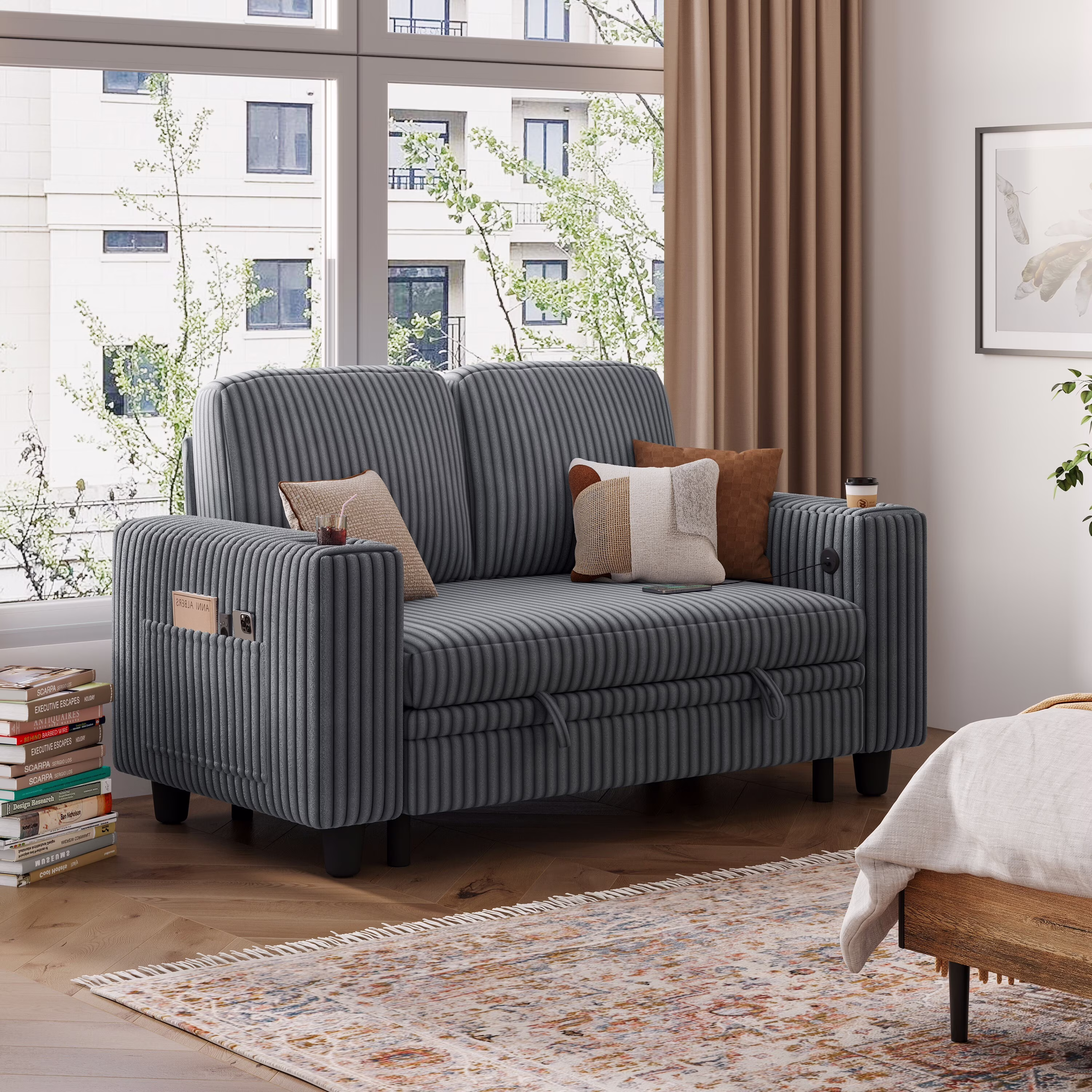 Linsy Home Plush Corduroy Pull Out Couch Chaise Lounge, Convertible Loveseat Sofa Couch With Usb & Cup Holder, Green - Image 5