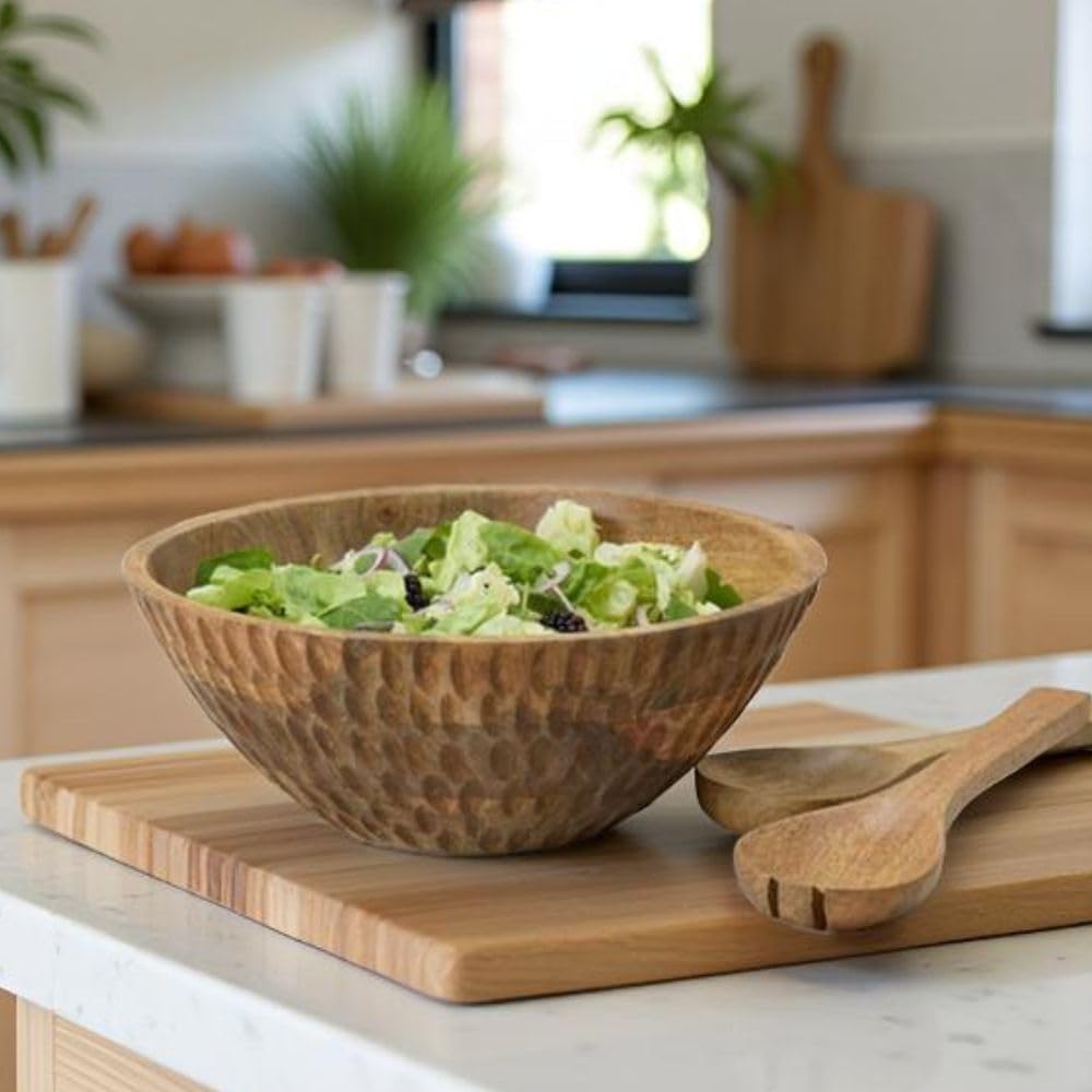 Salad Bowl with Servers, Wooden Bowl, 12.5
