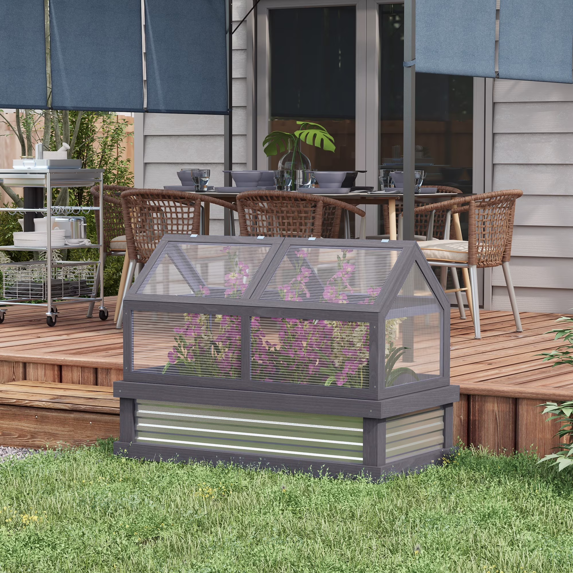 Outsunny Raised Garden Bed with Polycarbonate Greenhouse, Wooden Garden Cold Frame Greenhouse, Flower Planter Protection, 48" x 24" x 32", Natural - Image 3