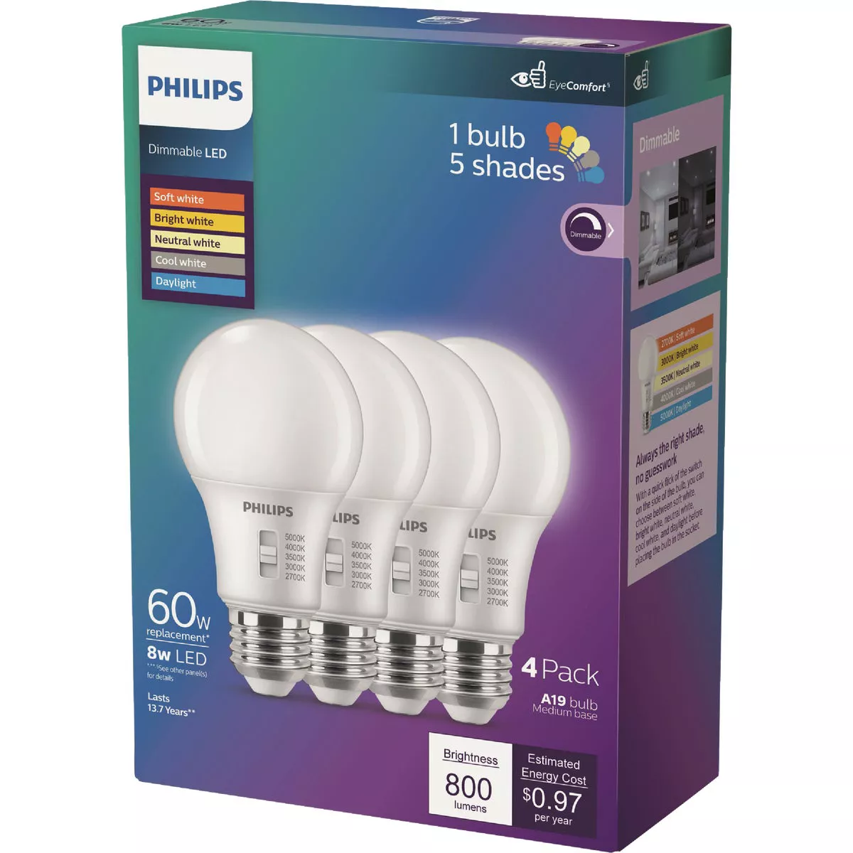 Philips 60W Equivalent 5 CCT A19 Medium Dimmable LED Light Bulb (4-Pack)