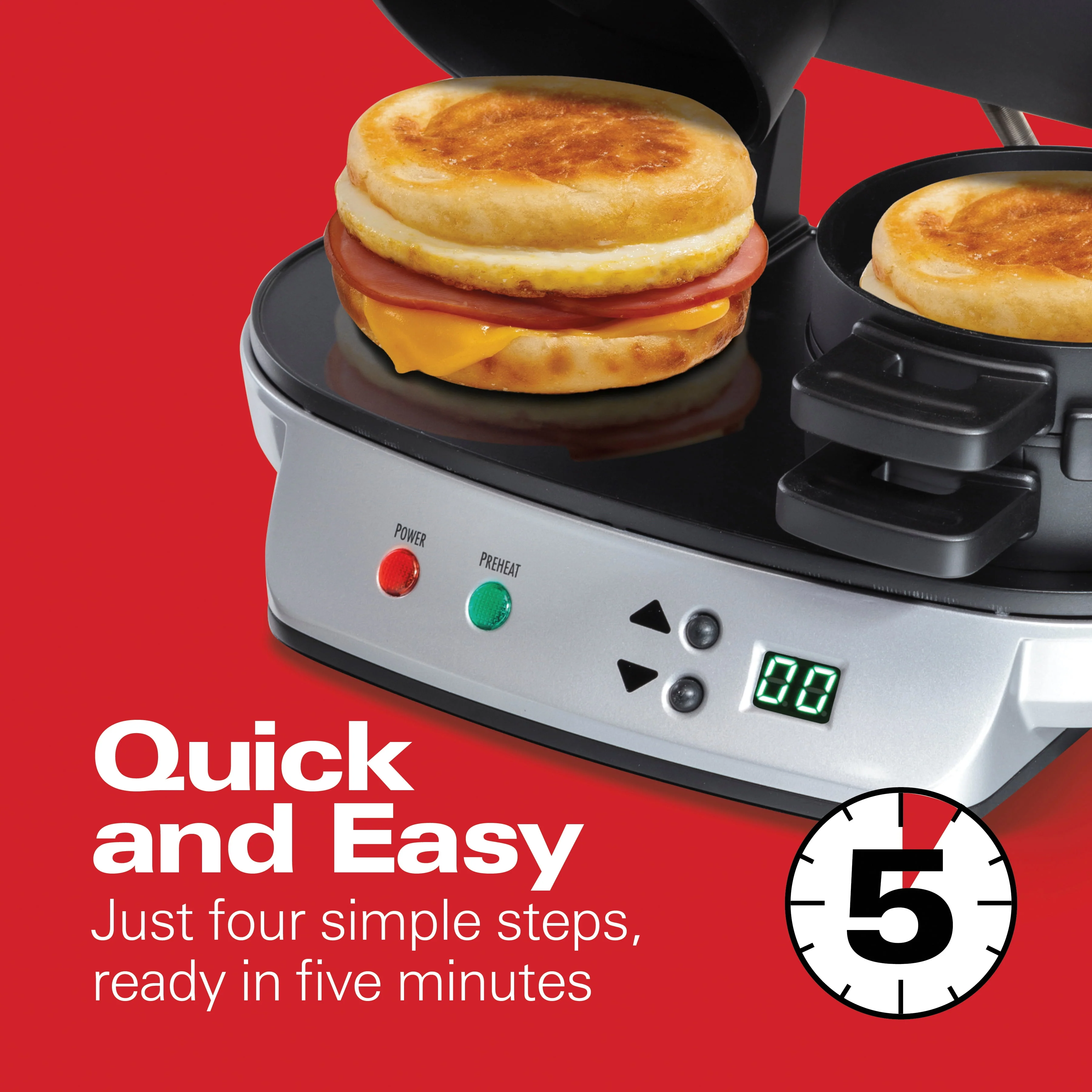 Hamilton Beach Dual Breakfast Sandwich Maker with Timer, 2 Sandwich Capacity, Silver, 25490 - Image 3
