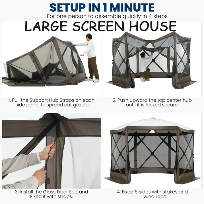 COBIZI 12'x12' Pop-up Gazebo Outdoor Camping Tent with 6 Sides Mosquito Netting, Waterproof, UV Resistant, Portable Screen House Room, Easy Set-up Party Tent with Carry bag, Ground Spike, Brown - Image 13