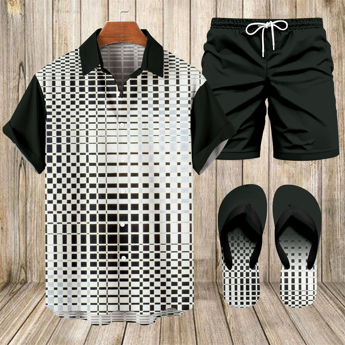 Suitmens Men's Hawaiian Bowling Print Shirt Three-Piece Set 050