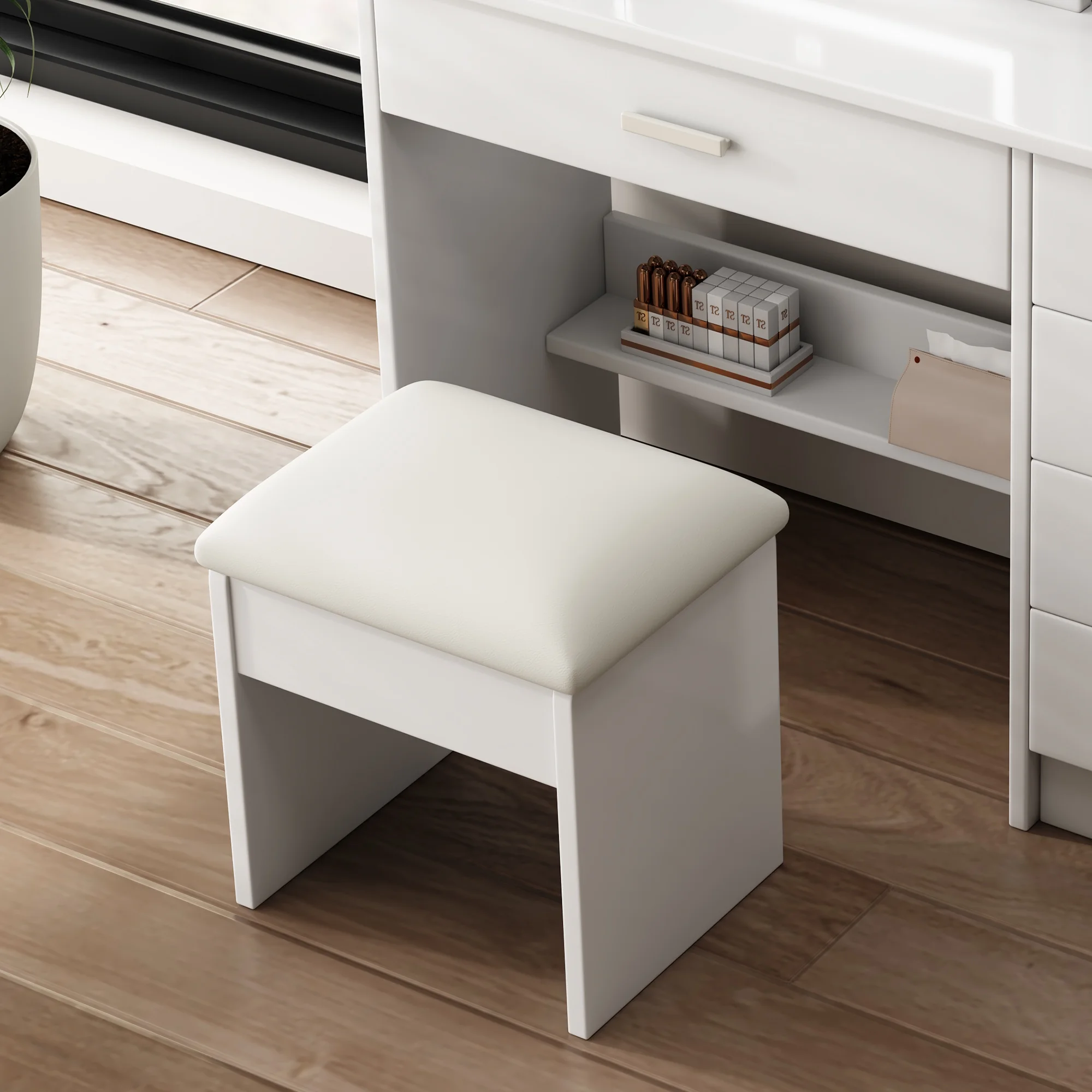 Montary Modern Mini Vanity w/Adjustable LED Mirror + Hidden Storage, Padded Stool & Dustproof Shelves (White) - Image 64