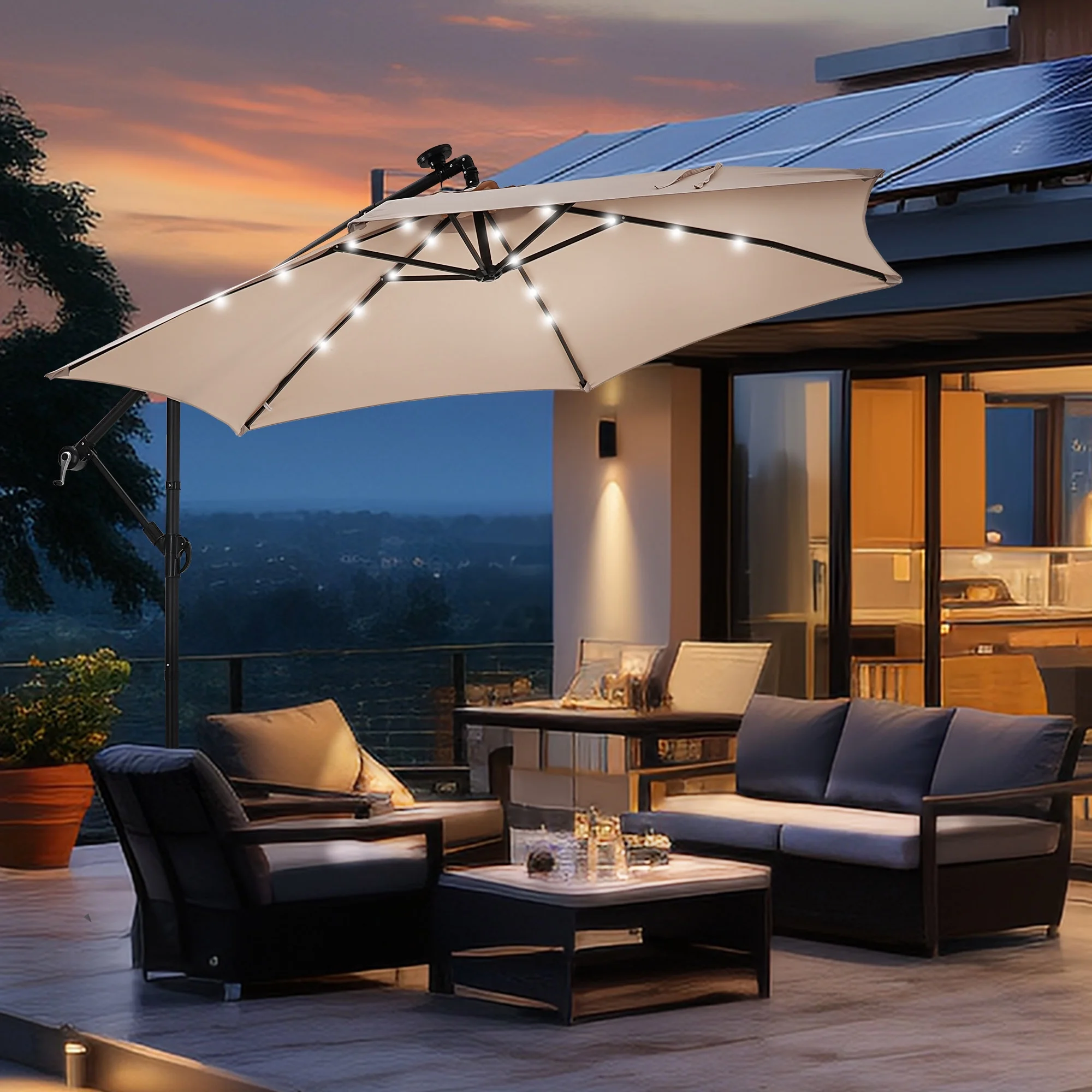 Ainfox 10ft Cantilever Patio Umbrella with Lights, Offset Market Umbrella with Sandbags Weighted Base and Cross Base,Khaki - Image 12