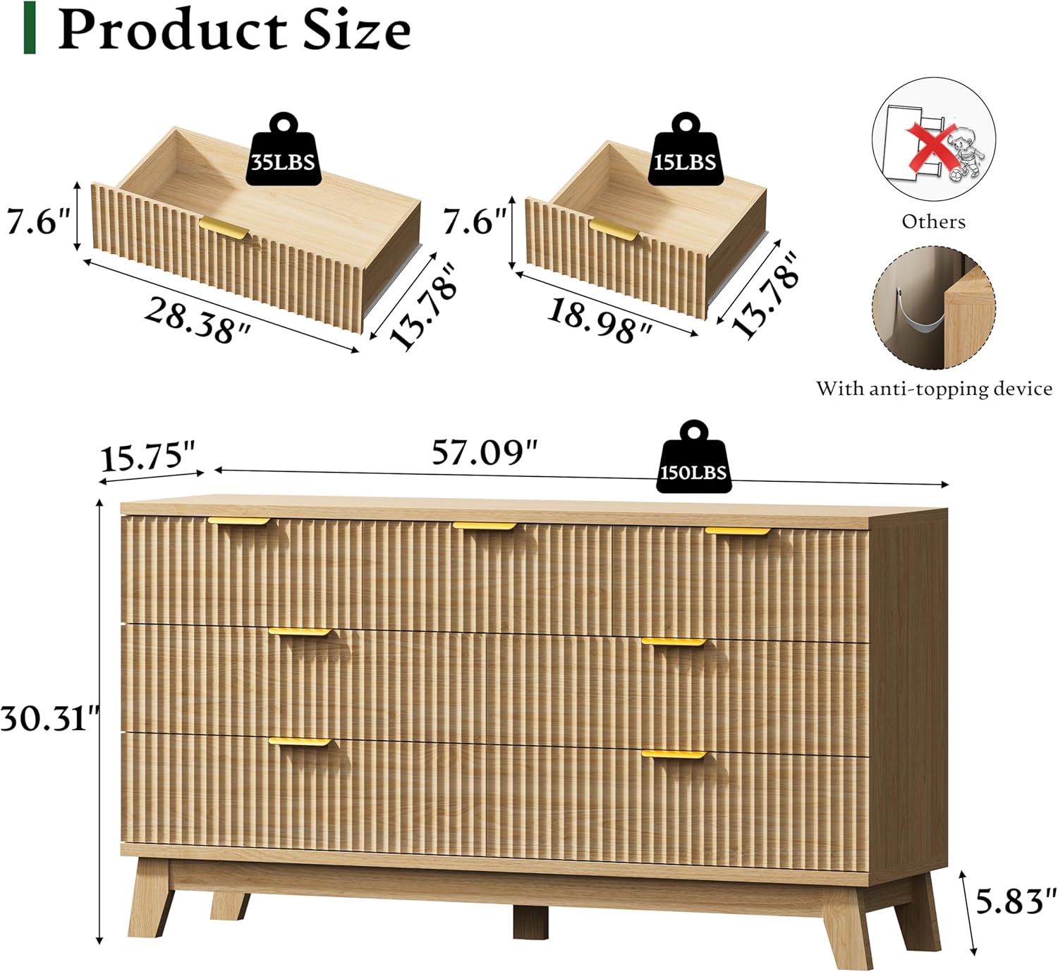 Fluted Dresser with 7 Drawers, 58