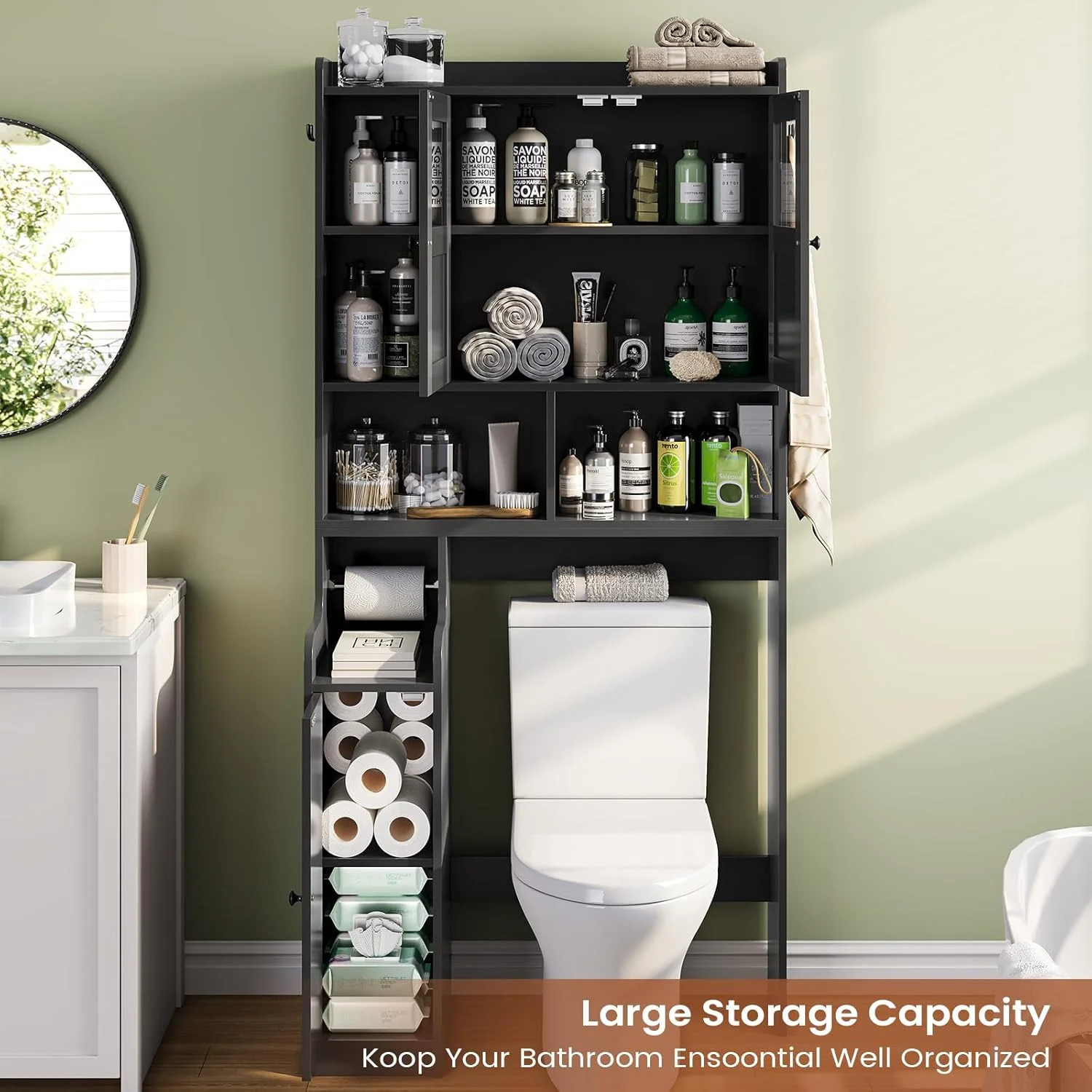Over The Toilet Storage Cabinet with 3 Doors, Farmhouse Space Saver for Bathroom Organizer with Paper Holder, 10 Shelves and Hooks, 7-Tier Over Washing Machine Cabinet for Laundry, Bathroom, Natural - Image 30