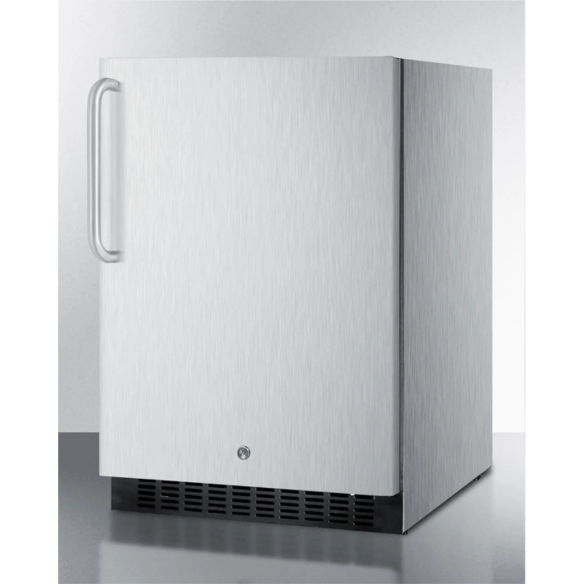 Outdoor all-refrigerator for built-in use, with lock, digital thermostat, towel bar handle, and stainless steel wrapped exterior