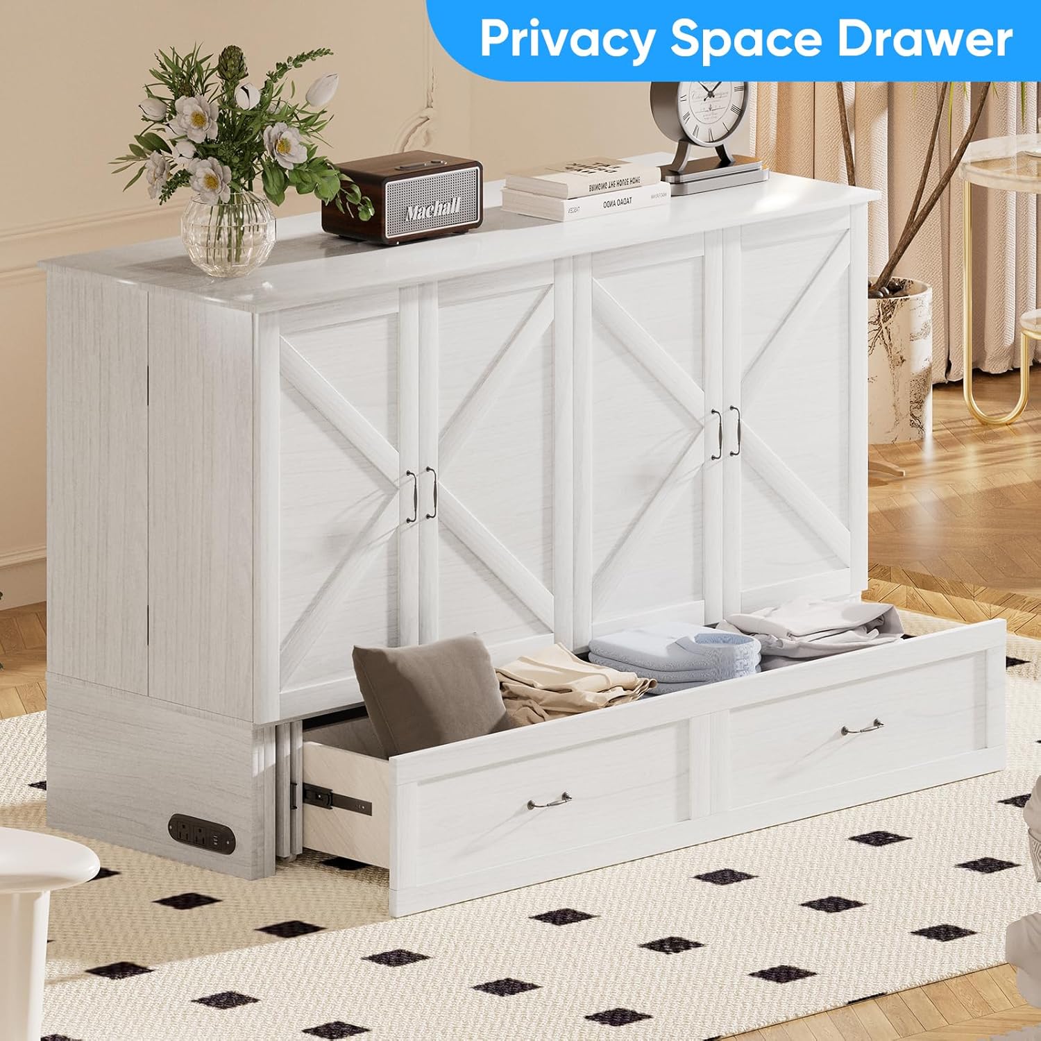 Mjkone Murphy Bed, Cabinet Beds Queen Size with Mattress Included, Built-in Charging Station and Drawer, 63