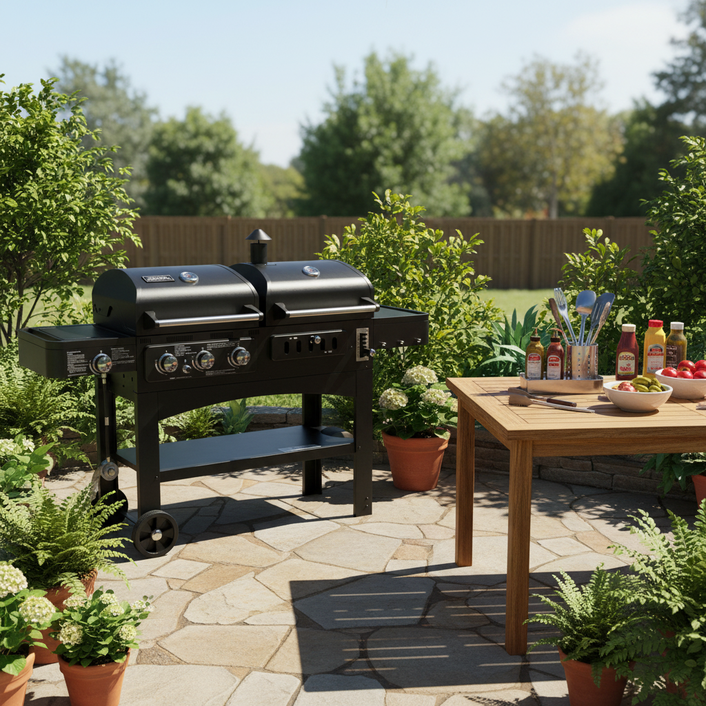 Black Gas & Charcoal Combo Grill, Deluxe, Heavy Duty BBQ, Outdoor Cooking, Backyard BBQ