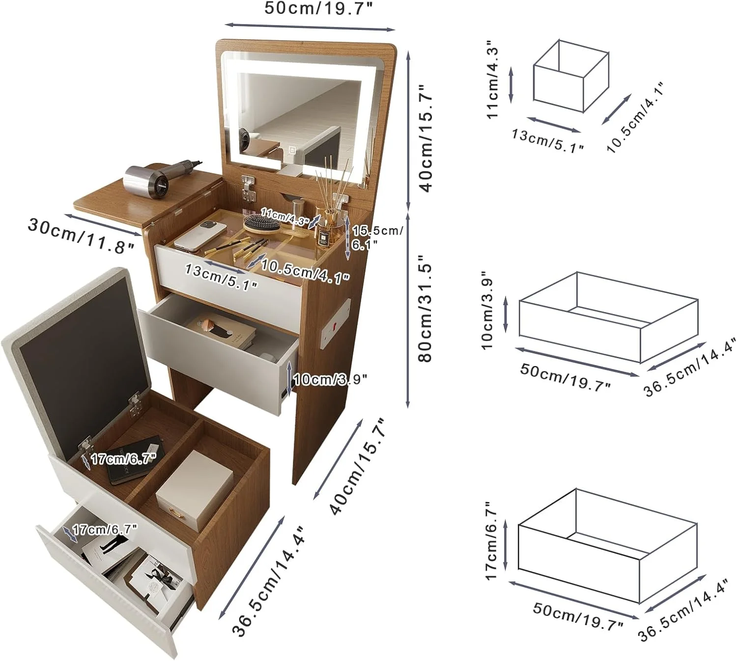 Vanity Desk with Flip Top Lighted Mirror, Compact Makeup Table with Storage Stool, Integrated Vanity with Drawers, 3-in-1 Vanity Set, Small Dressing Desk for Bedroom - Image 14