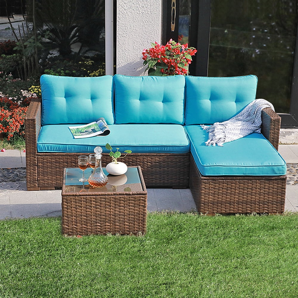 JOIVI 3 Pieces Patio Conversation Set, PE Wicker Rattan Outdoor Furniture Set, 2 Ways Small Sectional Sofa, Tempered Glass Coffee Table, Silver-Gray - Image 50