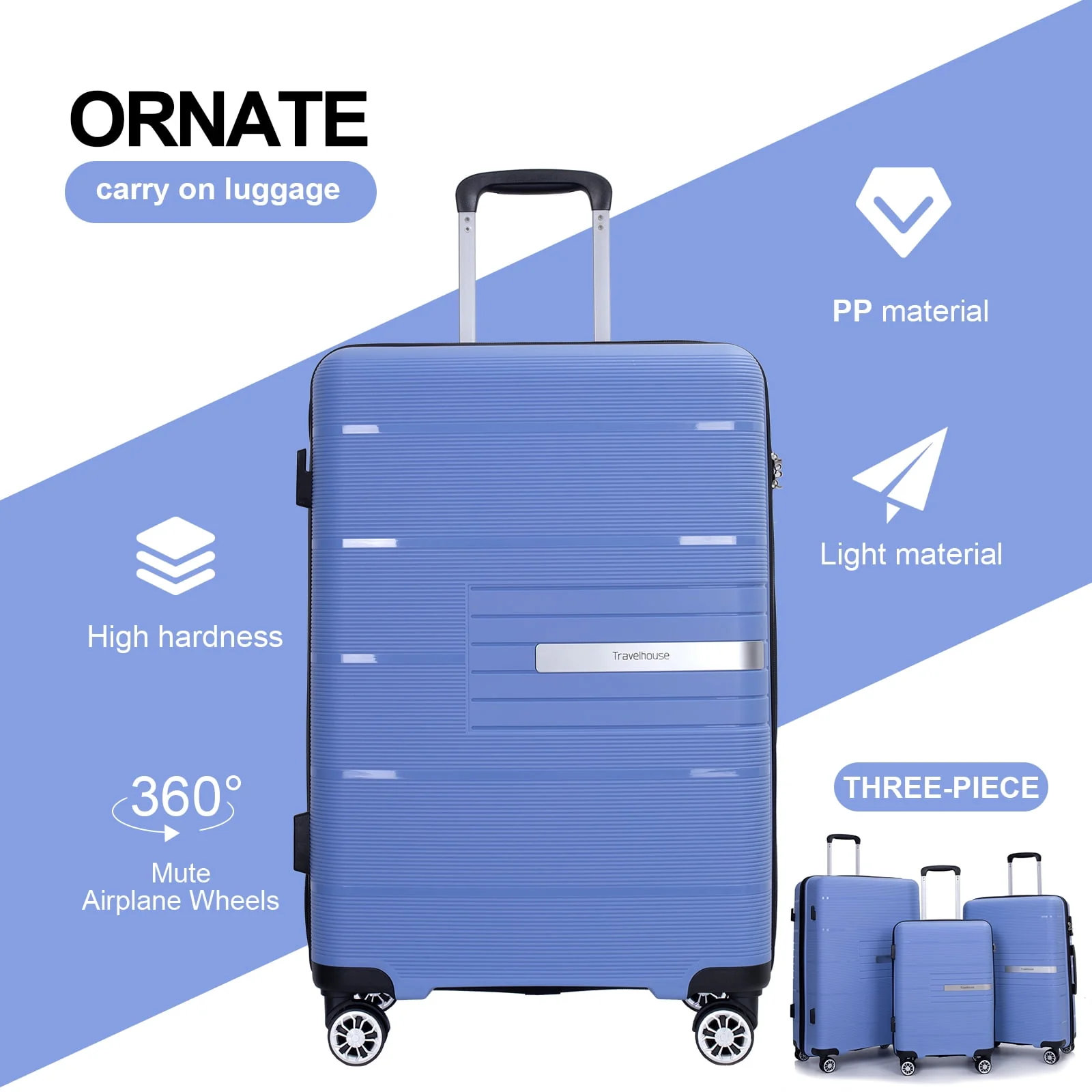 Tripcomp 3 Piece Luggage Sets, Hard shell Carry On Luggage, PP case with Two Hooks, Spinner Wheels, TSA Lock, Airline Approved, Lightweight Durable Suitcase, （20”24”28”）(Purplish Blue)