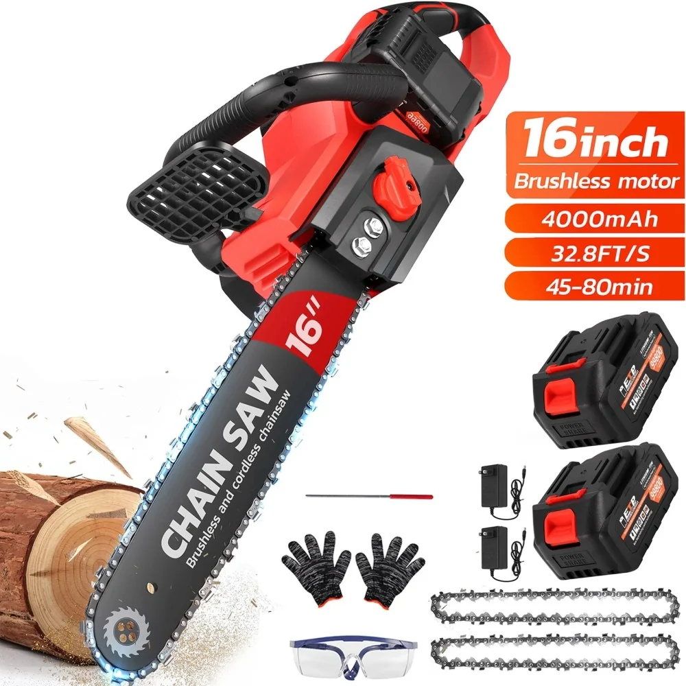 16 Inch 42V Brushless Cordless Chainsaw Kit, 1200W With 2x2000mAh Batteries And 2 Chains 16 Inch 42V Brushless Cordless Chainsaw Kit, 1200W With 2x2000mAh Batteries And 2 Chains