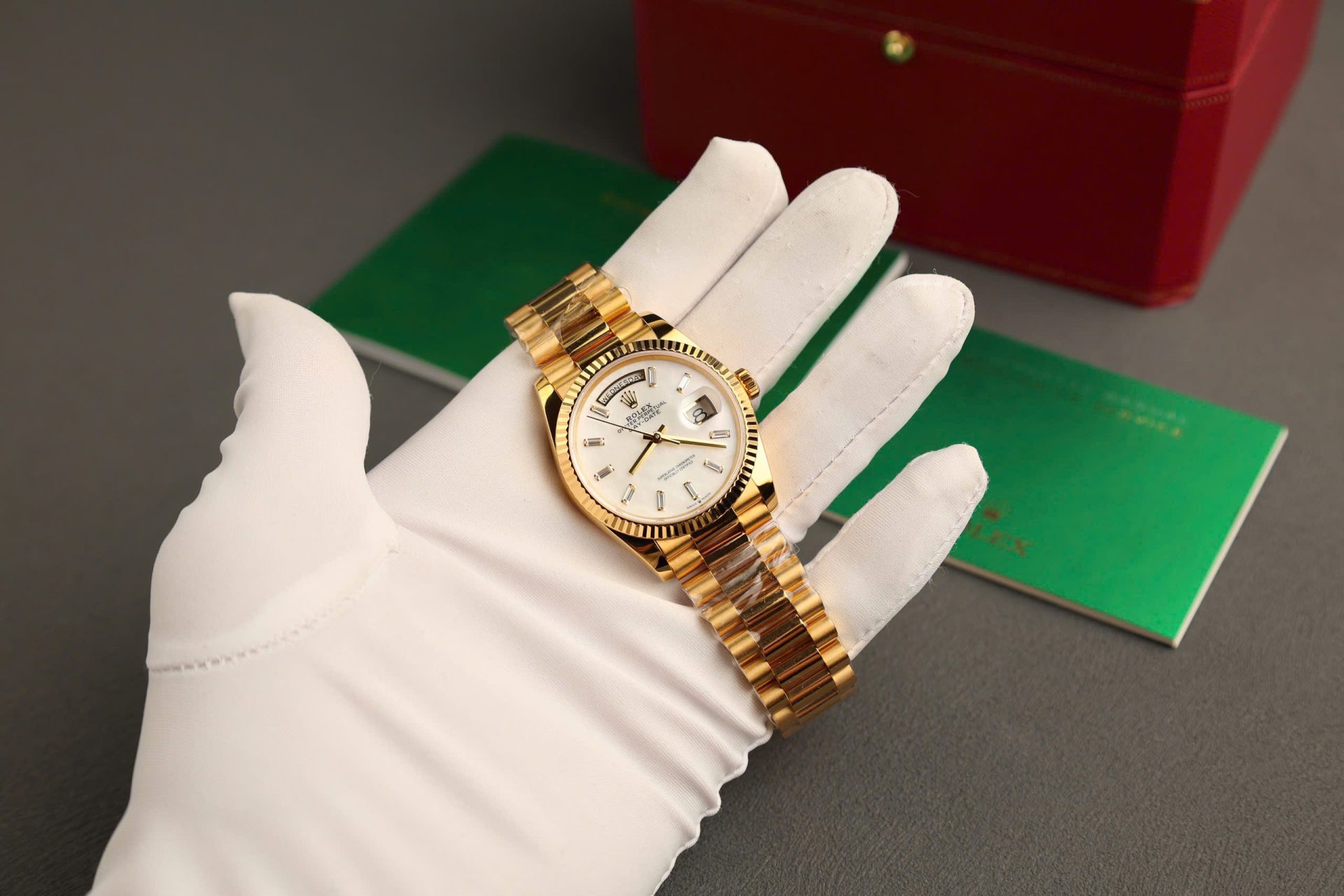 Rolex Day-Date Replica Watch Dial Mother Of Pearl Custom Gold Wrapped 36mm - Elite Watch Atelier