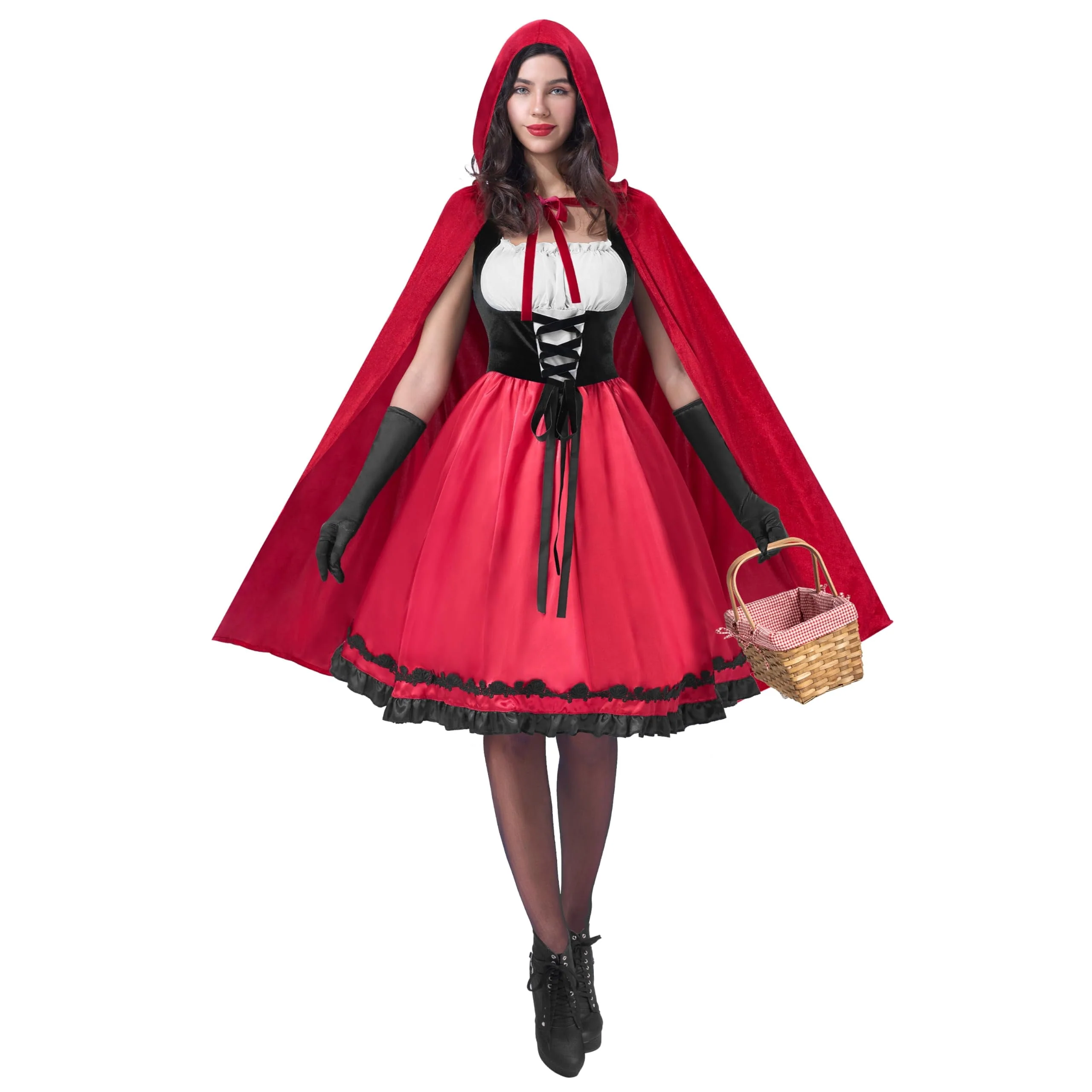 Joyfy Women Little Red Riding Hooded Costume with Dress, Cape and Gloves, Adult Women Halloween Costume for Halloween Party Cosplay - Image 7 Joyfy Women Little Red Riding Hooded Costume with Dress, Cape and Gloves, Adult Women Halloween Costume for Halloween Party Cosplay - Image 7