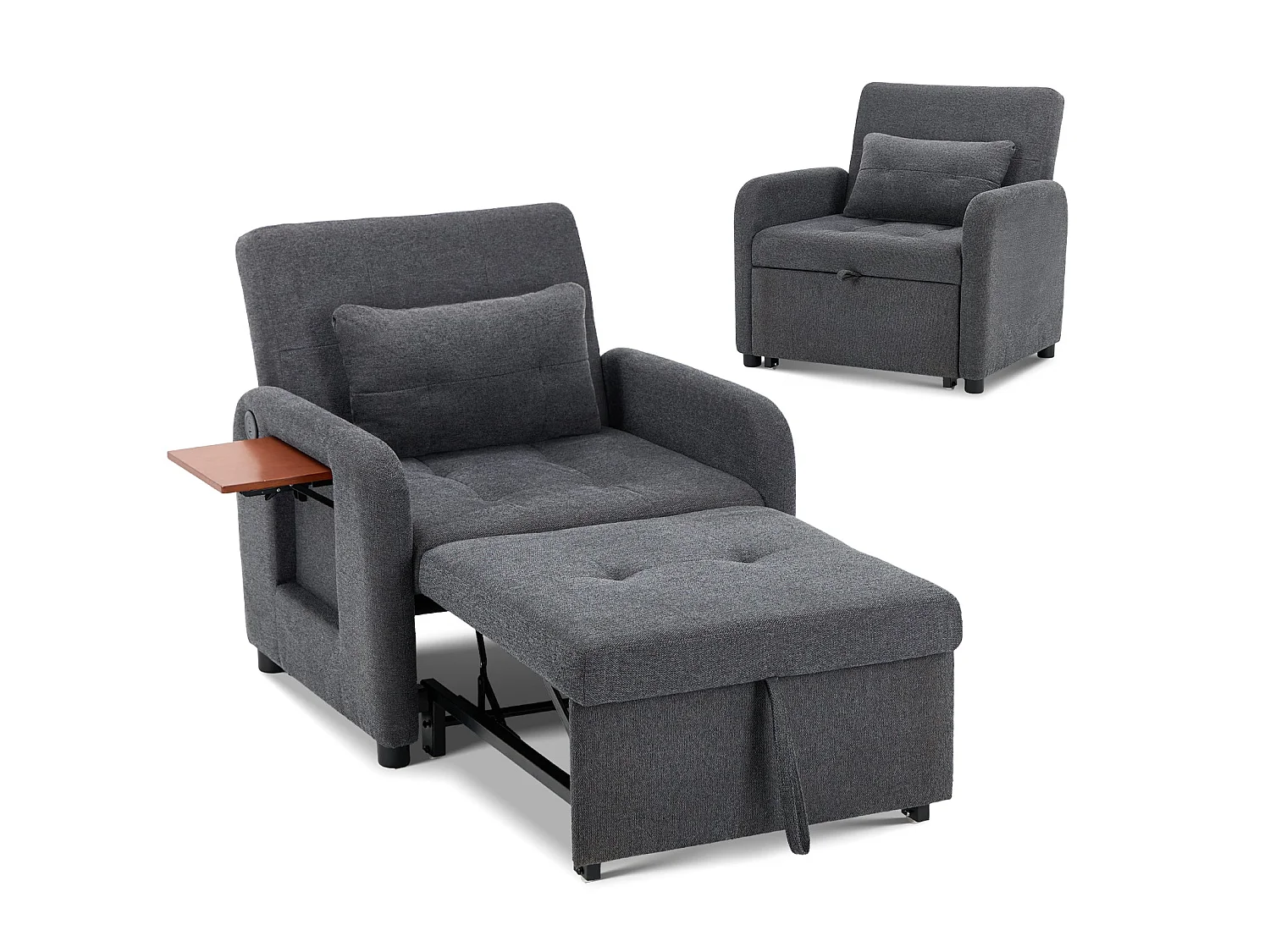 Fauteuil convertible, Canapé-lit pliable gris foncé – tissu multifonction, convertible assise/allongée, USB, table pliante, coussin, dossier réglable